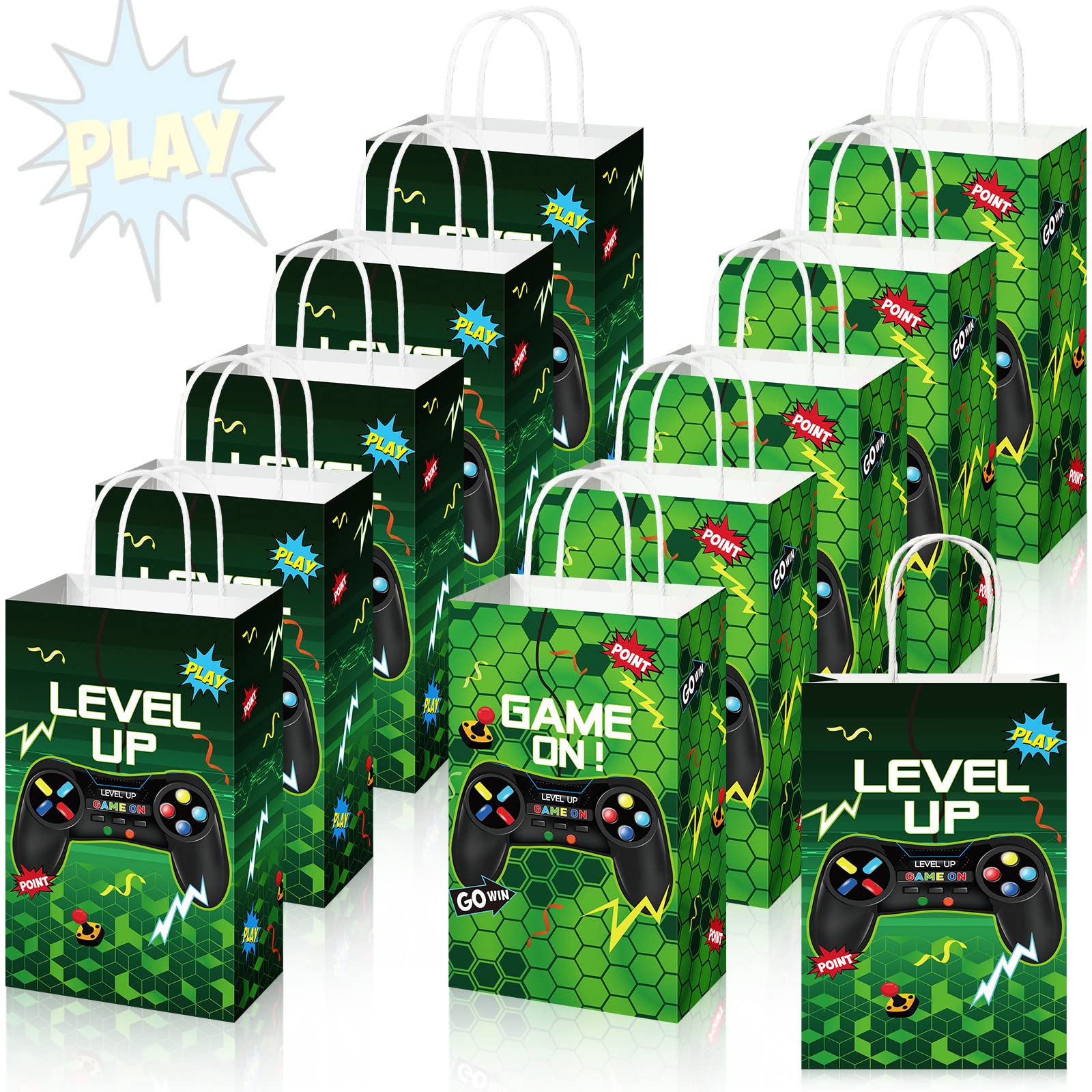 Saypacck 30 Pcs Video Game Party Gift Bags Gamer Theme Party Supplies Level up Paper Handbag Goodie Bag with Handle Gaming Favors for Birthday(Green)