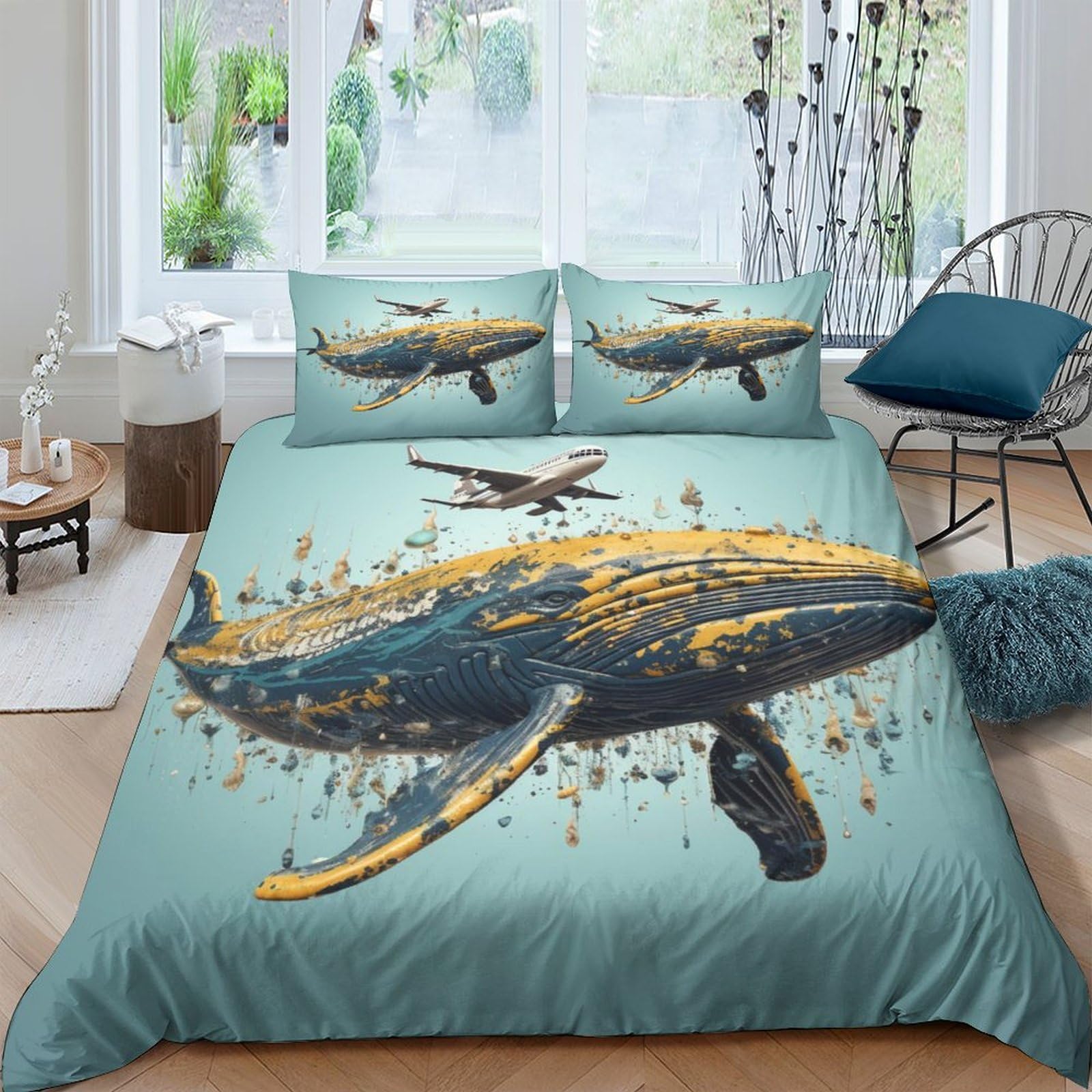Housse de couette baleine 3D parure de lit animaux marins microfibre infroissable avec zip grand lit king