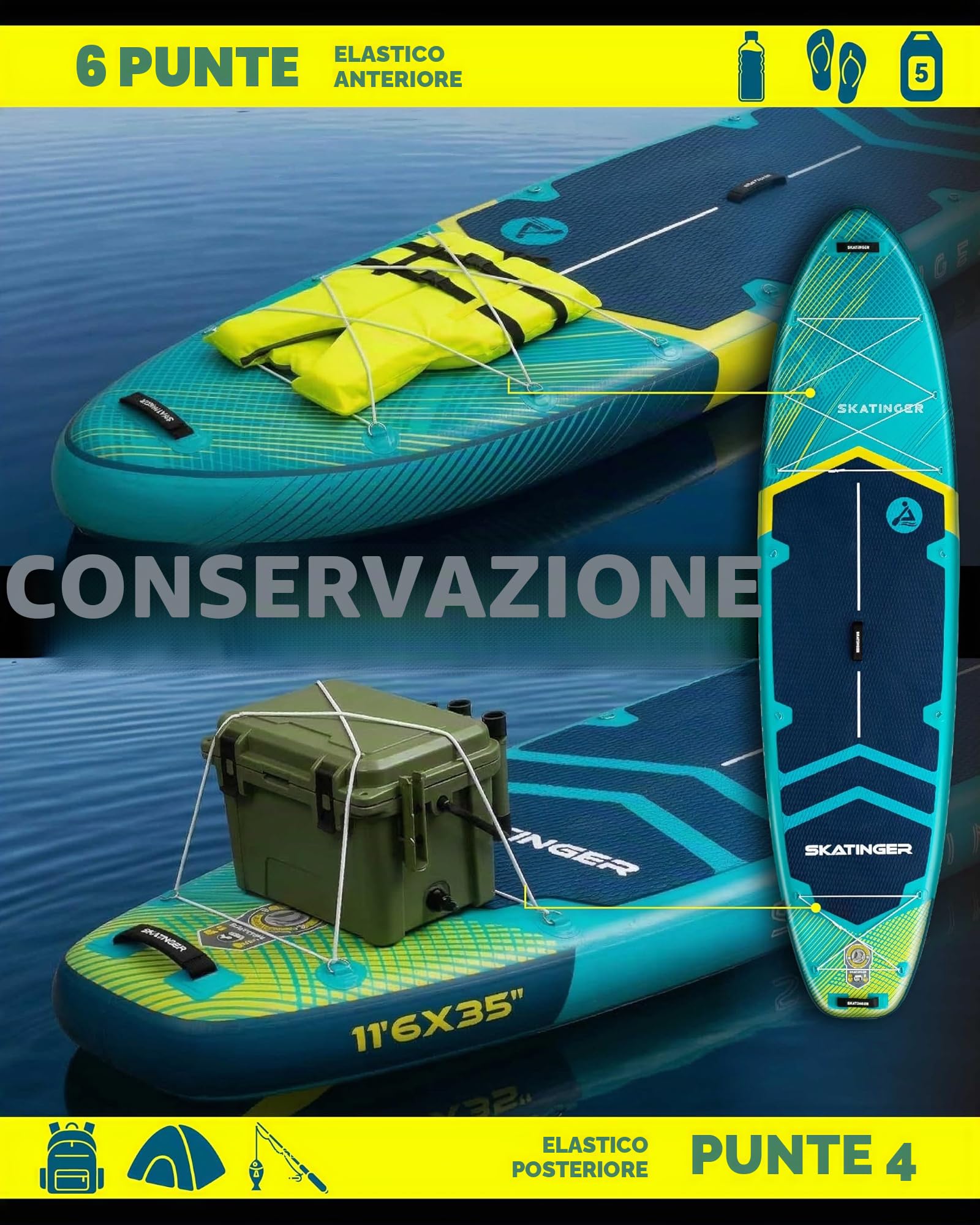 Skatinger Tavole gonfiabili per stand up paddle, 28 x 86 x 15,2 cm, tavola da SUP gonfiabile, tavola da yoga con zaino 1600D, 6 anelli a D extra, tracolla, pinna centrale degli Stati Uniti, pompa a 2