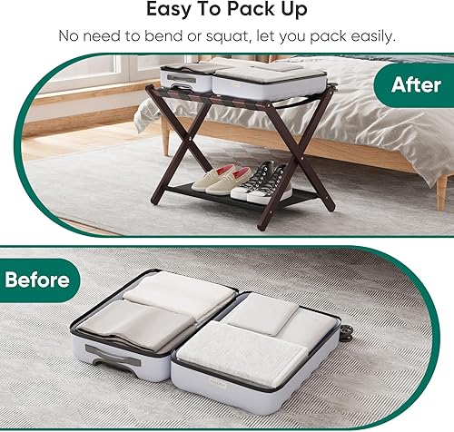 Miniatura 3 de Smuxee Paquete de 2 portaequipajes de bambú marrón, soporte plegable para maleta con estante de almacenamiento, soporte de equipaje fácil de montar