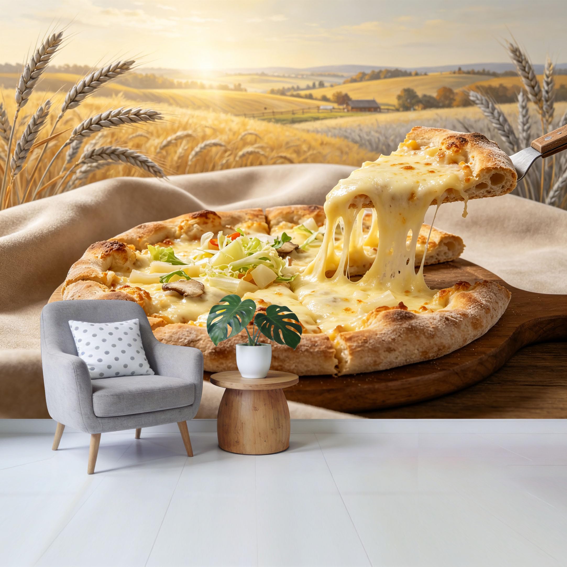 Custom Size Wall Mural Delicious Pizza Melting Cheese Italian Cuisine Golden Wheat Field Landscape SelfAdhesive Wall Fabric Removable Wallpaper for Home Office Decor