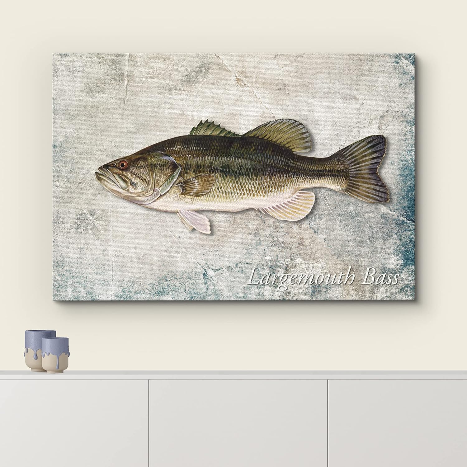 wall26 Framed Canvas Print Wall Art Largemouth Bass Fish on Granite Background Marine Life Animals Digital Art Realism Nautical Scenic Colorful Ultra for Living Room, Bedroom, Office - 16"x24"