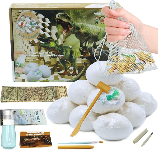 IQKidz Dinosaur Eggs Dig Kit - Easter Egg with Dino Toys, 12 Unique Dinosaur Fossils, Fun Dinosaur Bones Excavation Kits for Kids 6 7 8 9-12 Years Old, Archaeology Science STEM Gifts for Boys & Girls