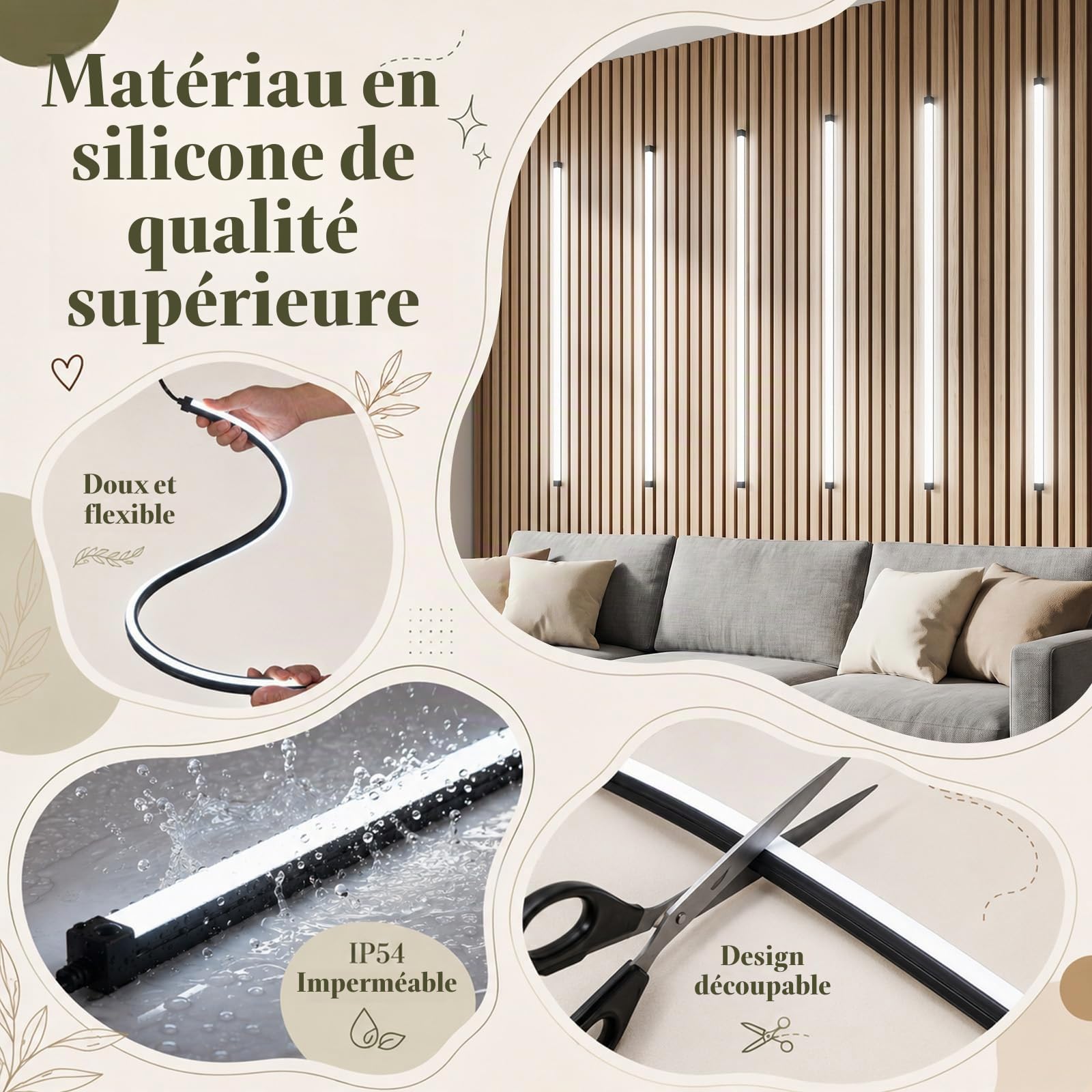 éclairage Pour Panneaux Acoustiques, Intensité Variable Sécable Avec Bande LED Intégrée 6 X 90cm Blanc Froid Et Capteur Tactile Installation Facile Pour Panneaux Acoustiques (6 Bandes)