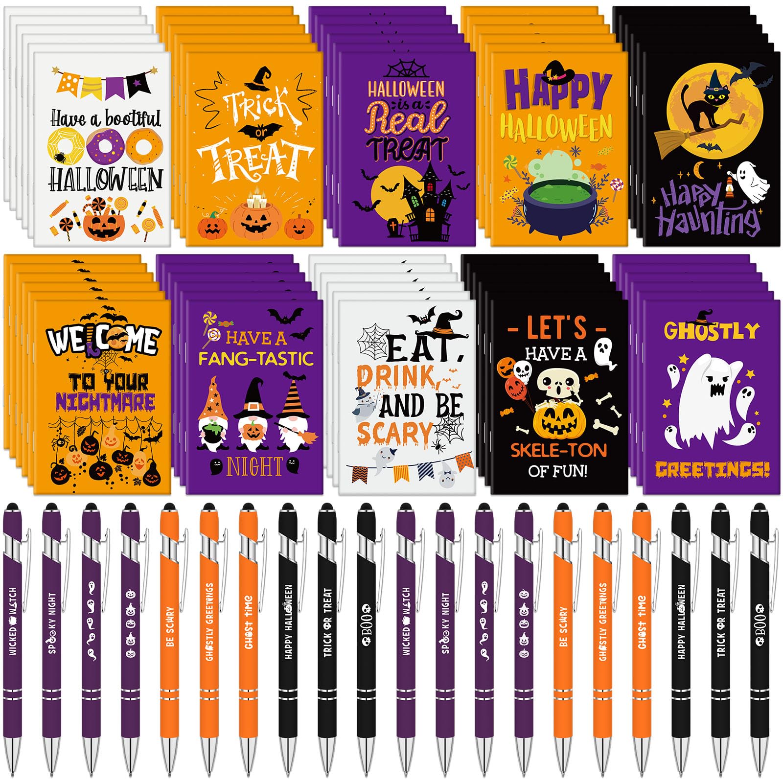 Yeaqee 120 Pcs Halloween Notepads Ballpoint Pens Set Halloween Spooky