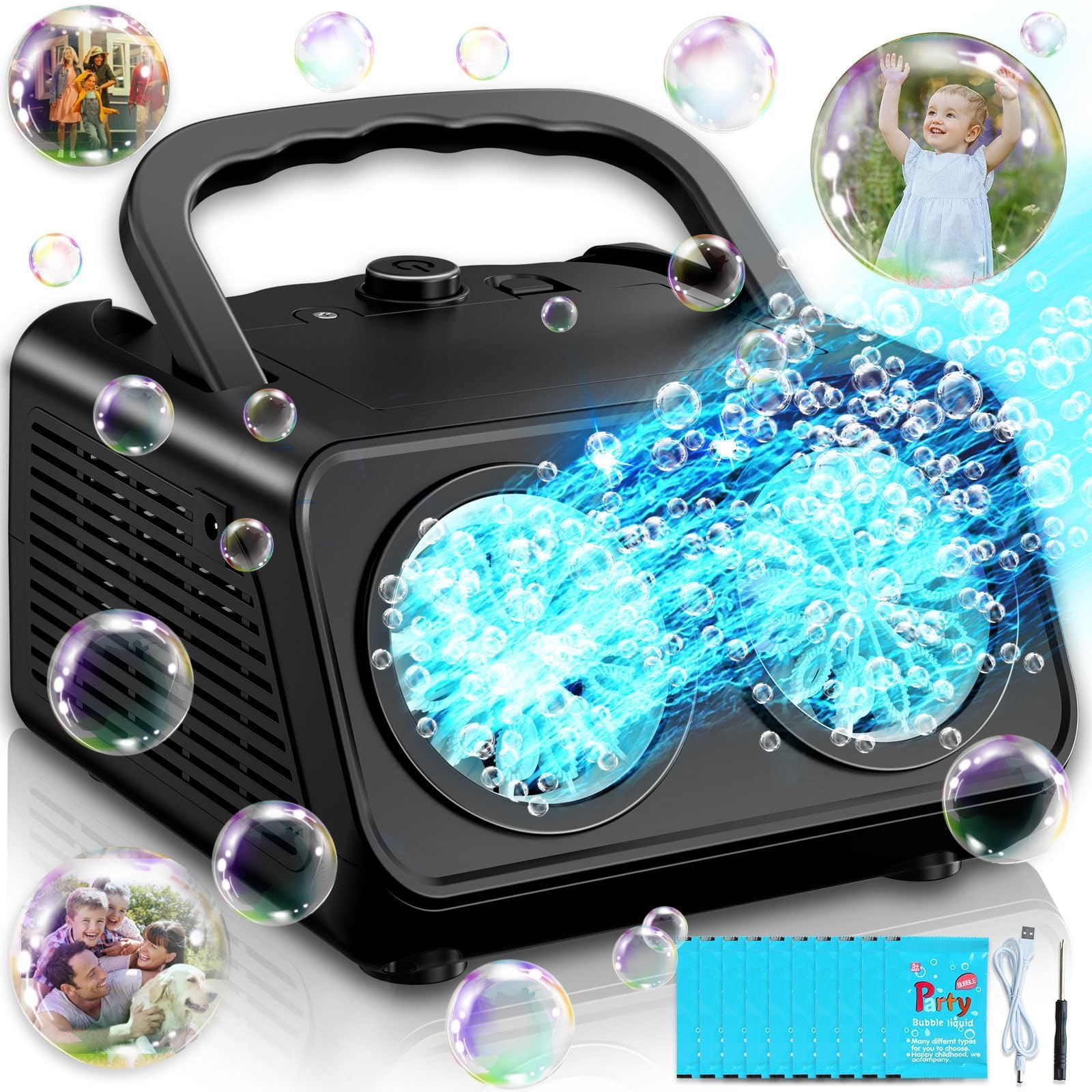 Bubble Machine - Durable Automatic Bubble Blower | 18000+ Big Bubbles Per Minute for Kids Toddler, with 2 Speed, Plug-in or Battery Powered, for Indoor Outdoor Birthday Parties (Black)