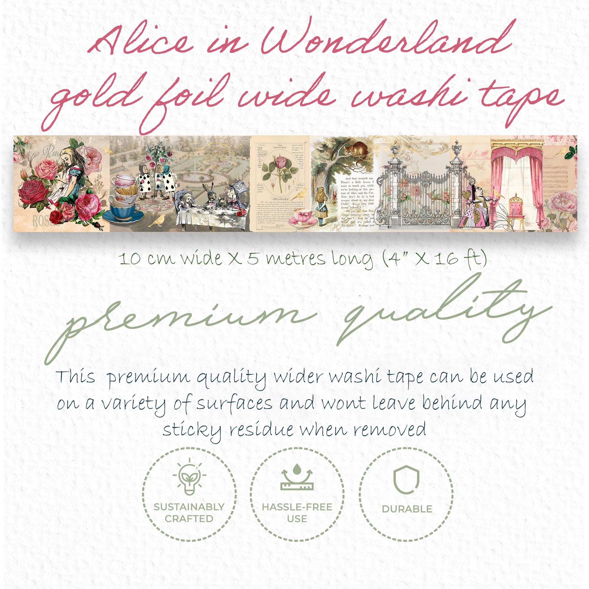 Alice au pays des merveilles - Ruban washi extra large en feuille d'or pour scrapbooking, travaux manuels, journaux, cartes de bricolage, décorations de goûter
