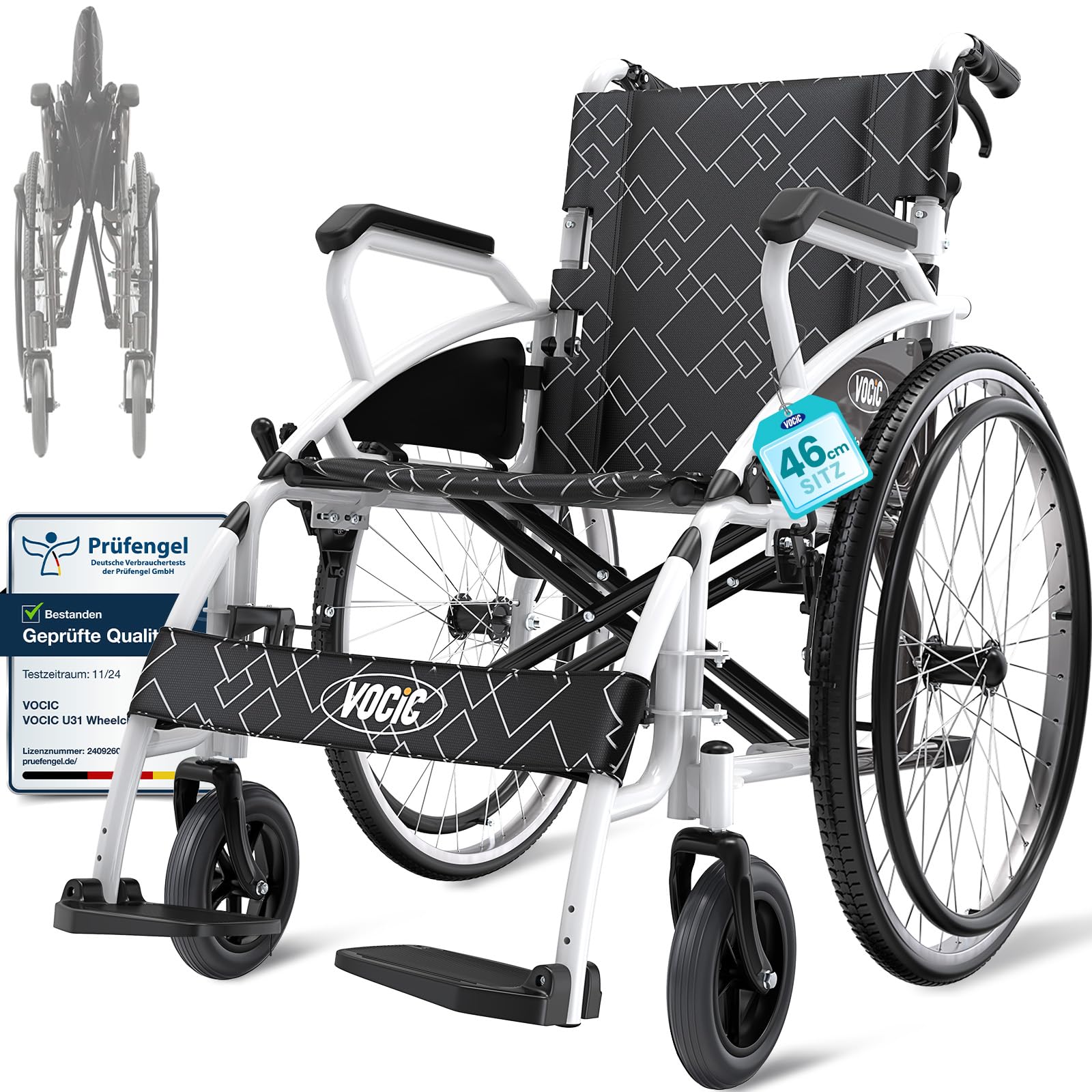 VOCIC Sedia a rotelle pieghevole leggera fino a 150 kg, U31 doppio freno pieghevole (17,5 kg), con autoazionamento, ruota posteriore da 60 cm, supporto per 5 anni (Bianco Brillante)