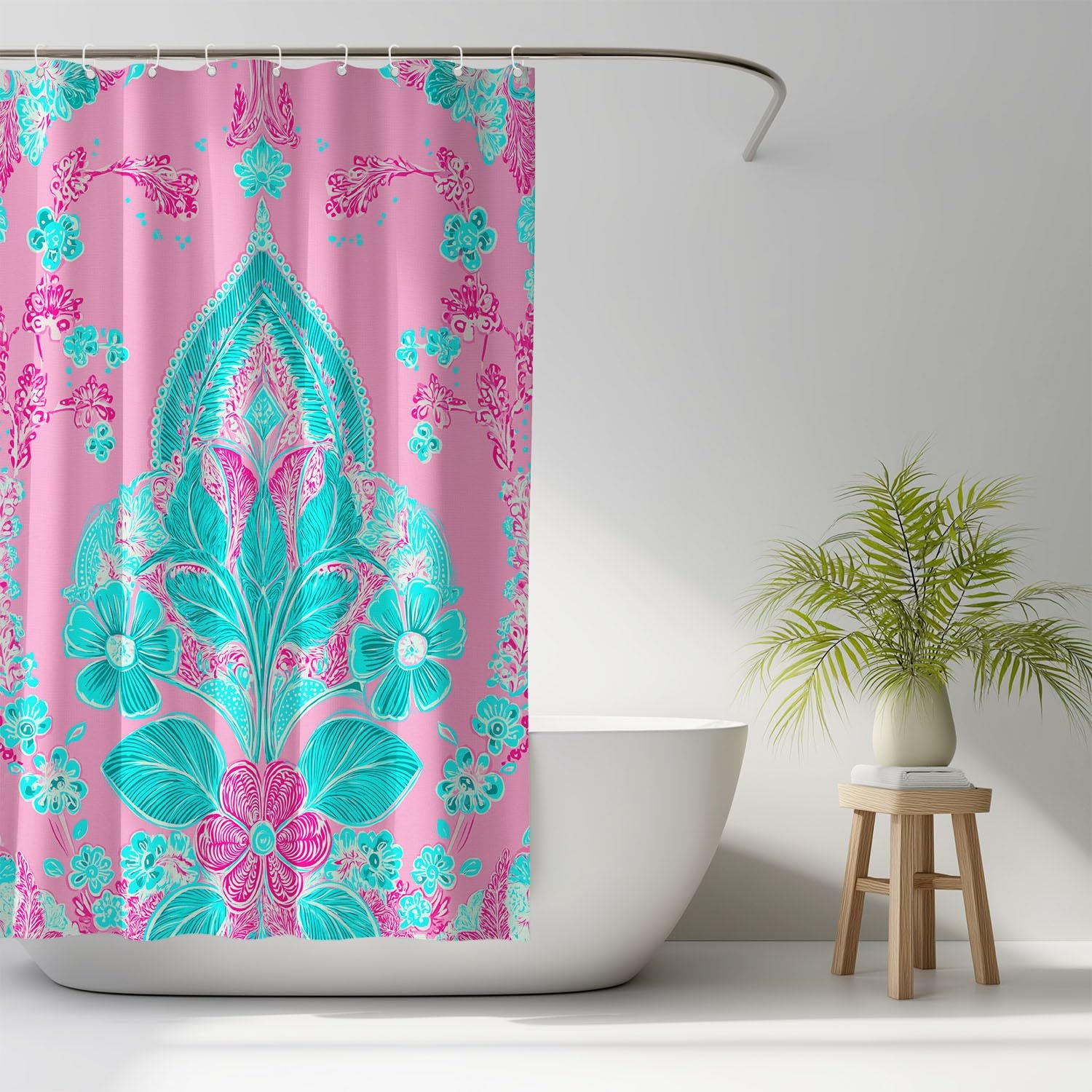 Generico Fantasia Tenda Da Doccia Simmetria Elegante Fiori Rosa Ciano, Tenda Da Doccia Per Bagno, Vasca Da Bagno, Tenda In Poliestere Impermeabile Con Ganci In Plastica, 180 x 200 cm