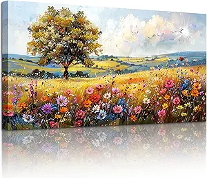SERIMINO Spring Landscape Wall Art, Nature Tree Wildflower Large Artwork, Colorful Scenery Rustic Painting Canvas Prints, Modern Farmhouse Wall Decor Living Room Bathroom Kitchen Picture 20X40 Inch