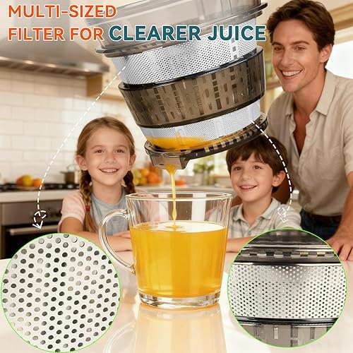 Miniatura 7 de Exprimidores de prensa en frío, exprimidor lento de masticación eléctrica HYSapientia para verduras y frutas, potente motor, sistema autoprecortado,