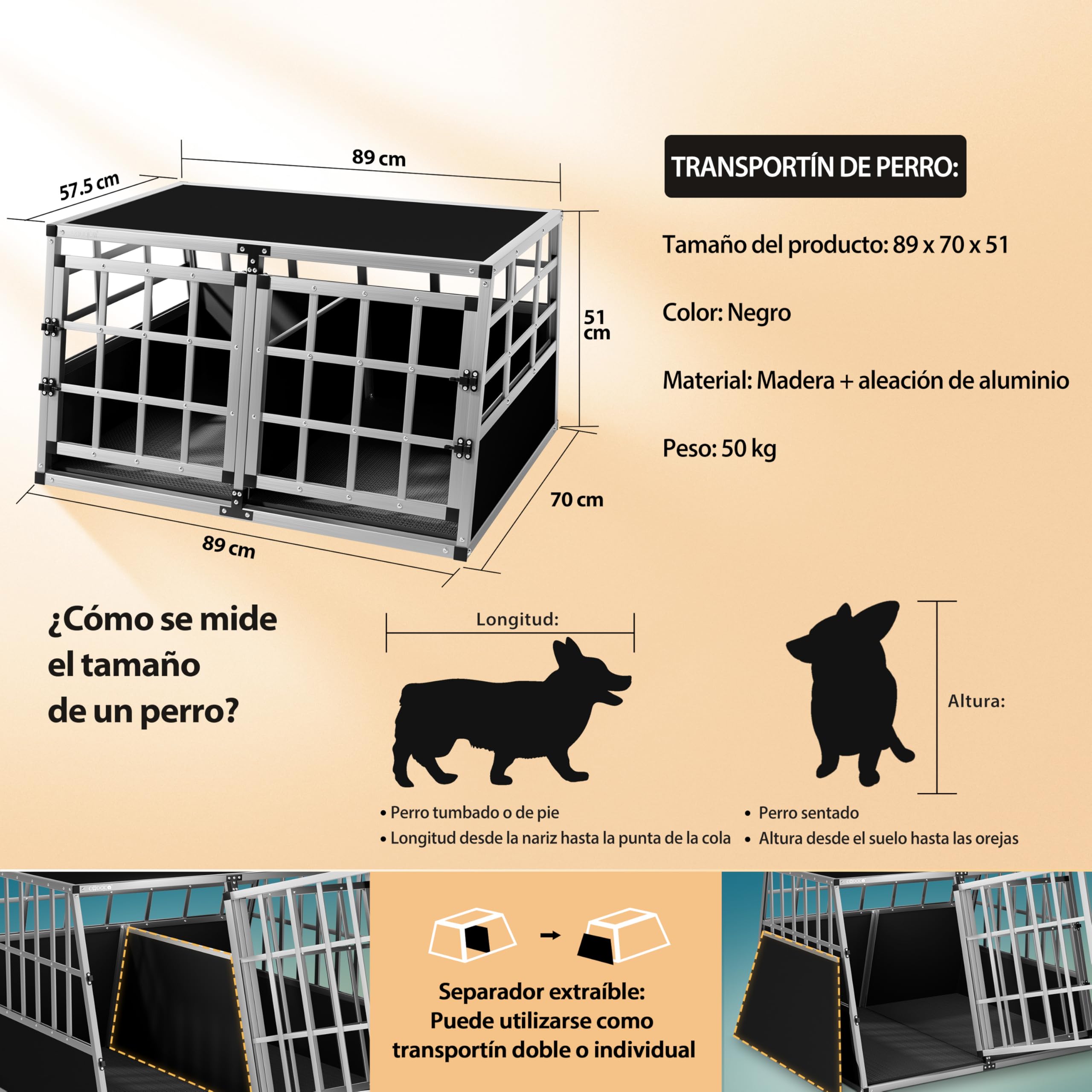 CADOCA® Transportín Perro Pequeño Grande Jaula Perros Aluminio Pared Divisoria Puerta Cerradura Mascotas Protección Viaje Coche Camping 89x70x51cm