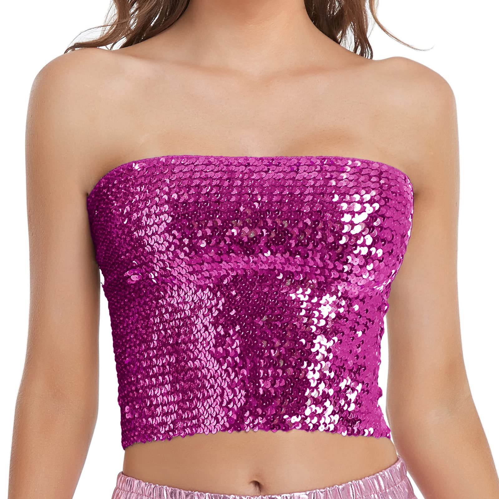 Womens Sparkly Sequin Mermaid Crop Tops, Strapless Metallic Tube Tops for Party Clubwear, Hot Pink, M