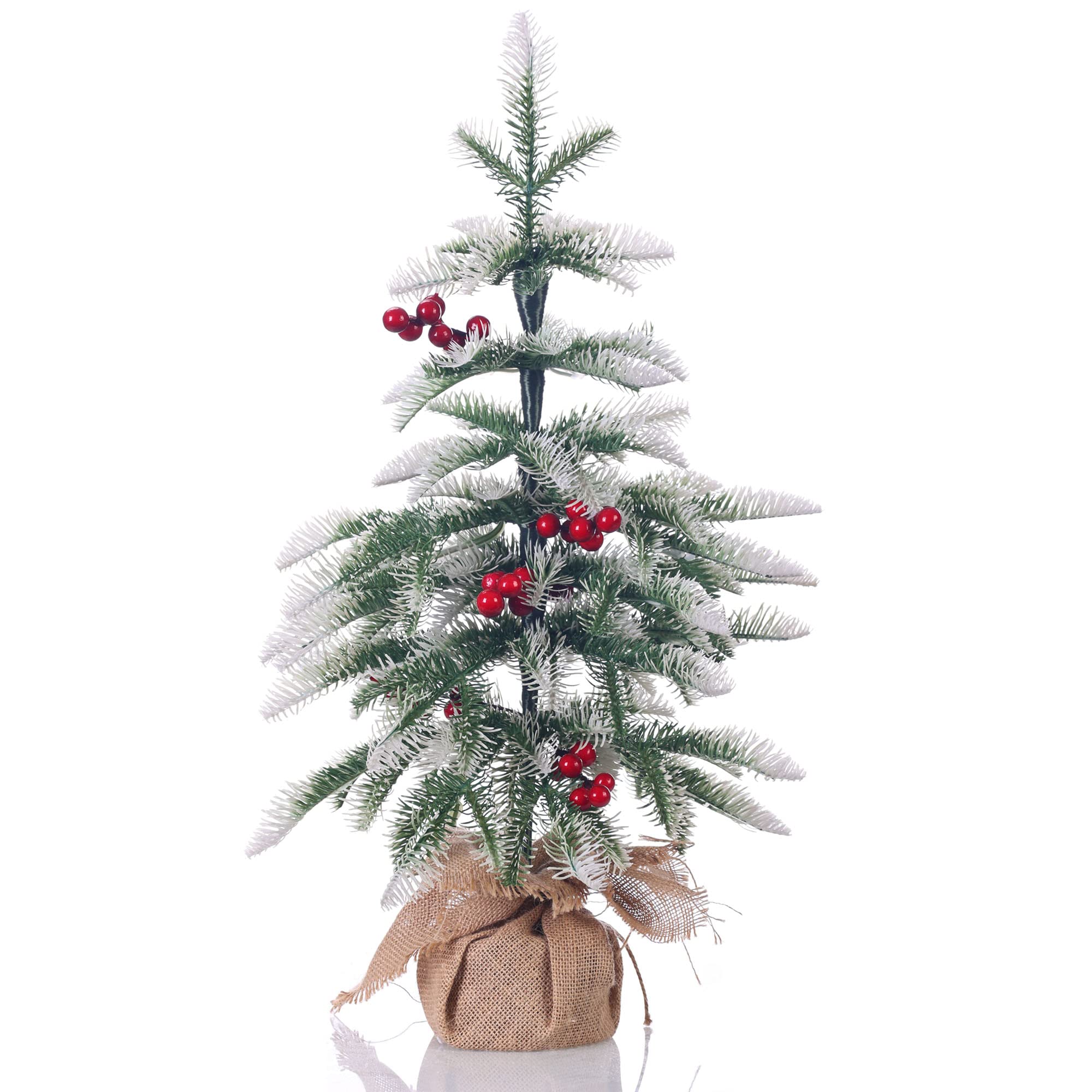 Photo 1 of 2ft Pre-Lit Artificial Small Christmas Tree,42 Branches 100% PE Tips,Xmas Tree with Red Berry Decorate for Tabletop or Desk,Includ LED String Lights and Burlap Base Pre-decor Berries Christmas Tree 2ft