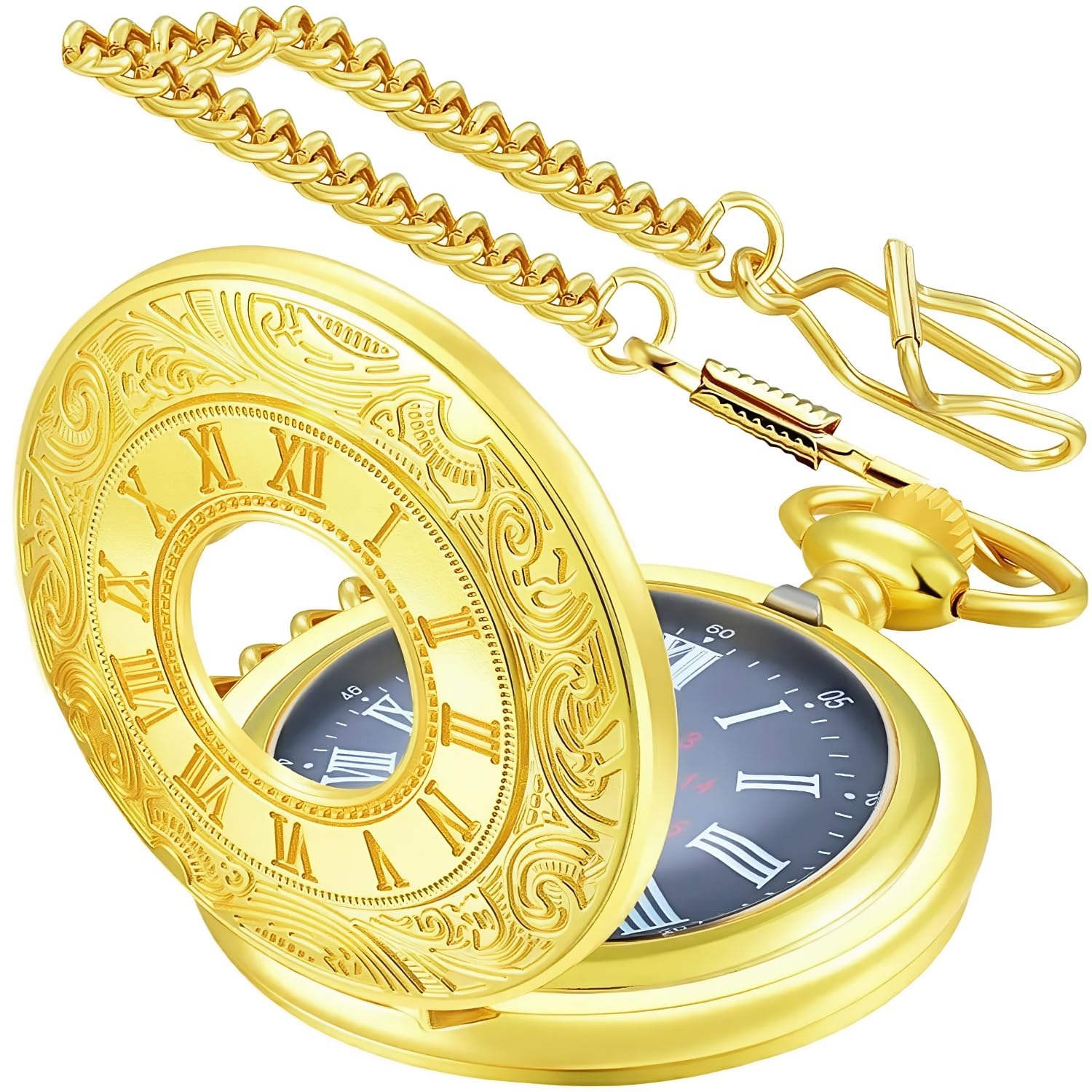 Vintage Pocket Watch for Men Roman Numerals Scale Quartz Pocket Watches with Chain for Xmas Fathers Day Gift