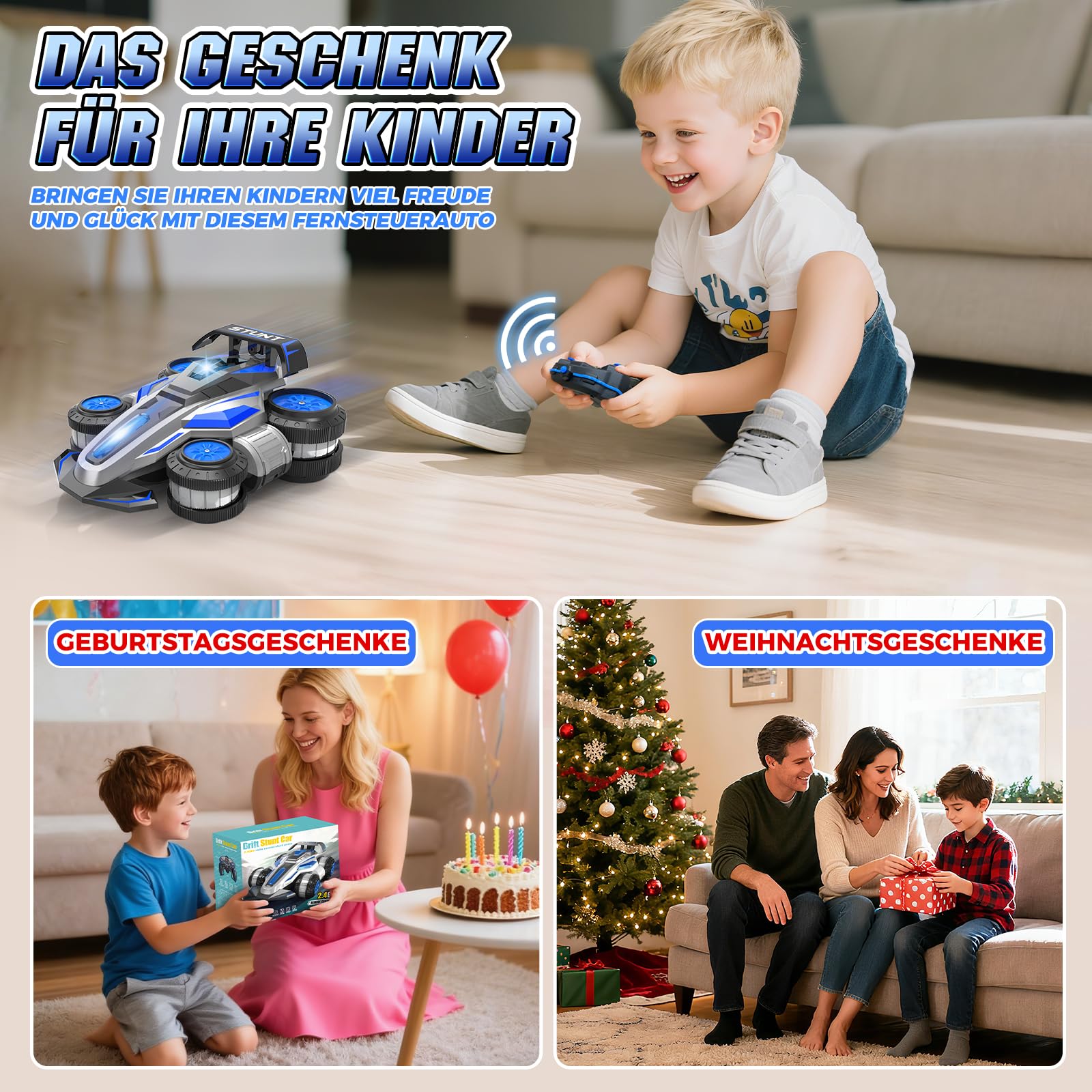 Voiture Télécommandée Jouet Garcon 6 7 8 9 10 11 12 Ans, Voiture Telecommandé Enfant 4WD Cadeau Garcon 6 Ans, Jouet Radiocommandée 2.4GHZ RC Car avec Musique et Lumière LED, Remote Control Car Bleu
