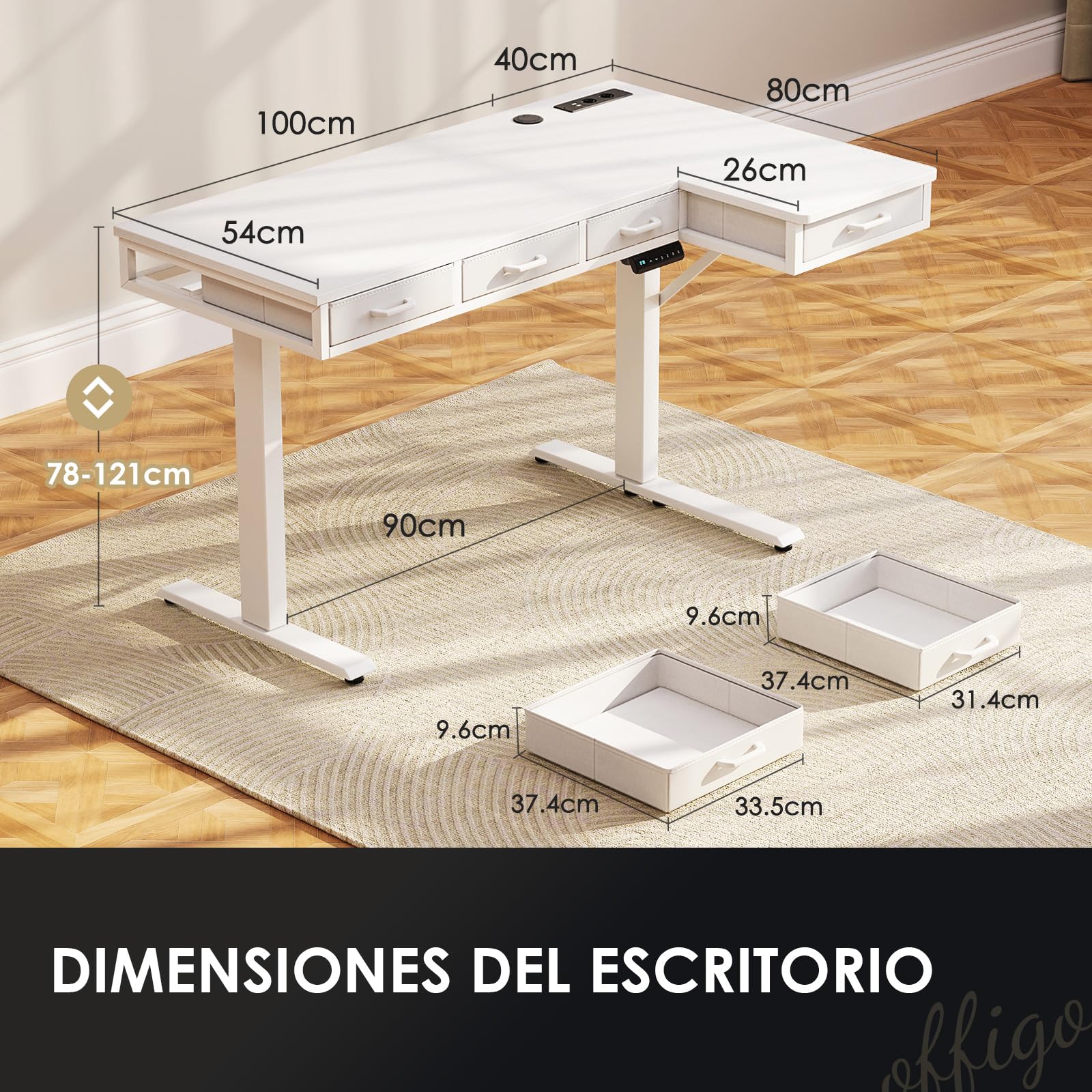 OffiGo Escritorio Elevable Esquinero con 4 Cajones, 140 x 80 cm, Blanco
