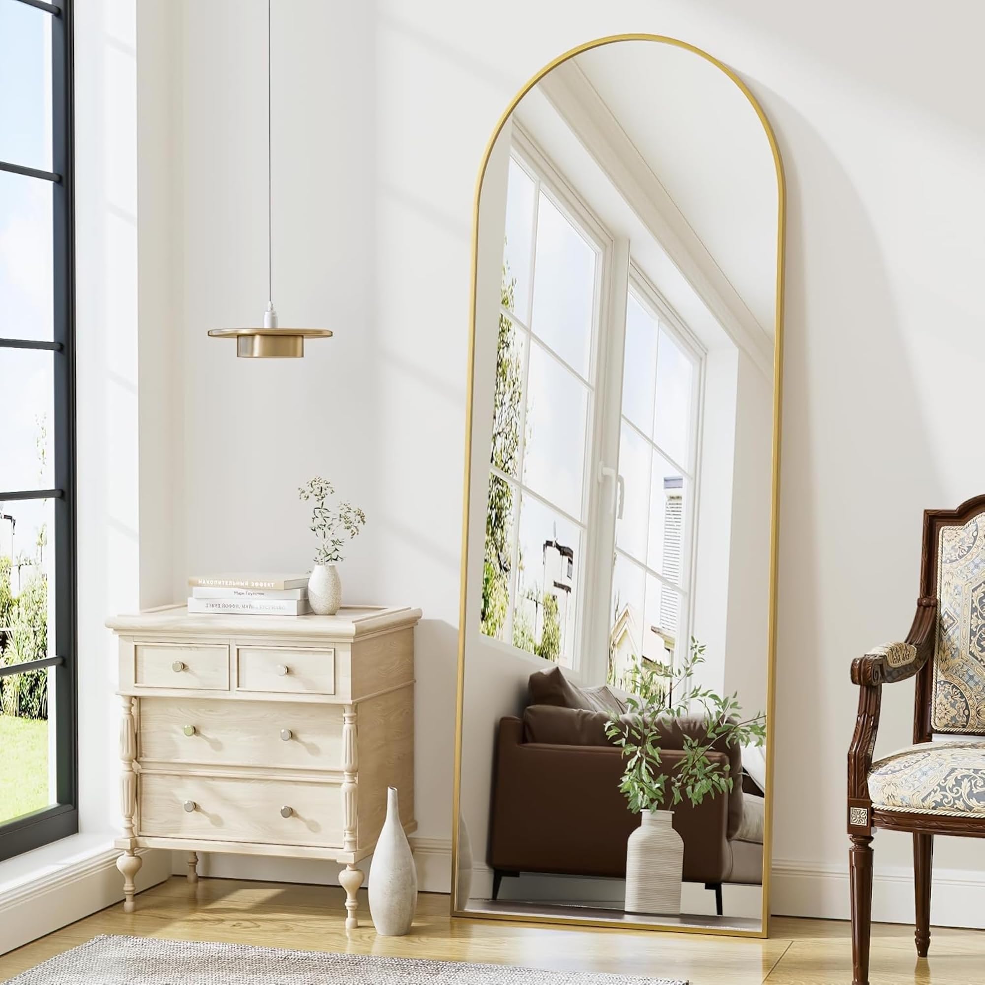 The Artment your artistic apartment Vista Arched Unbreakable Floor Full Length Mirror | Large Free Standing with Aluminium Frame | Leaning for Living Room Home Decor (Gold (Arched), 150 x 40 CM)
