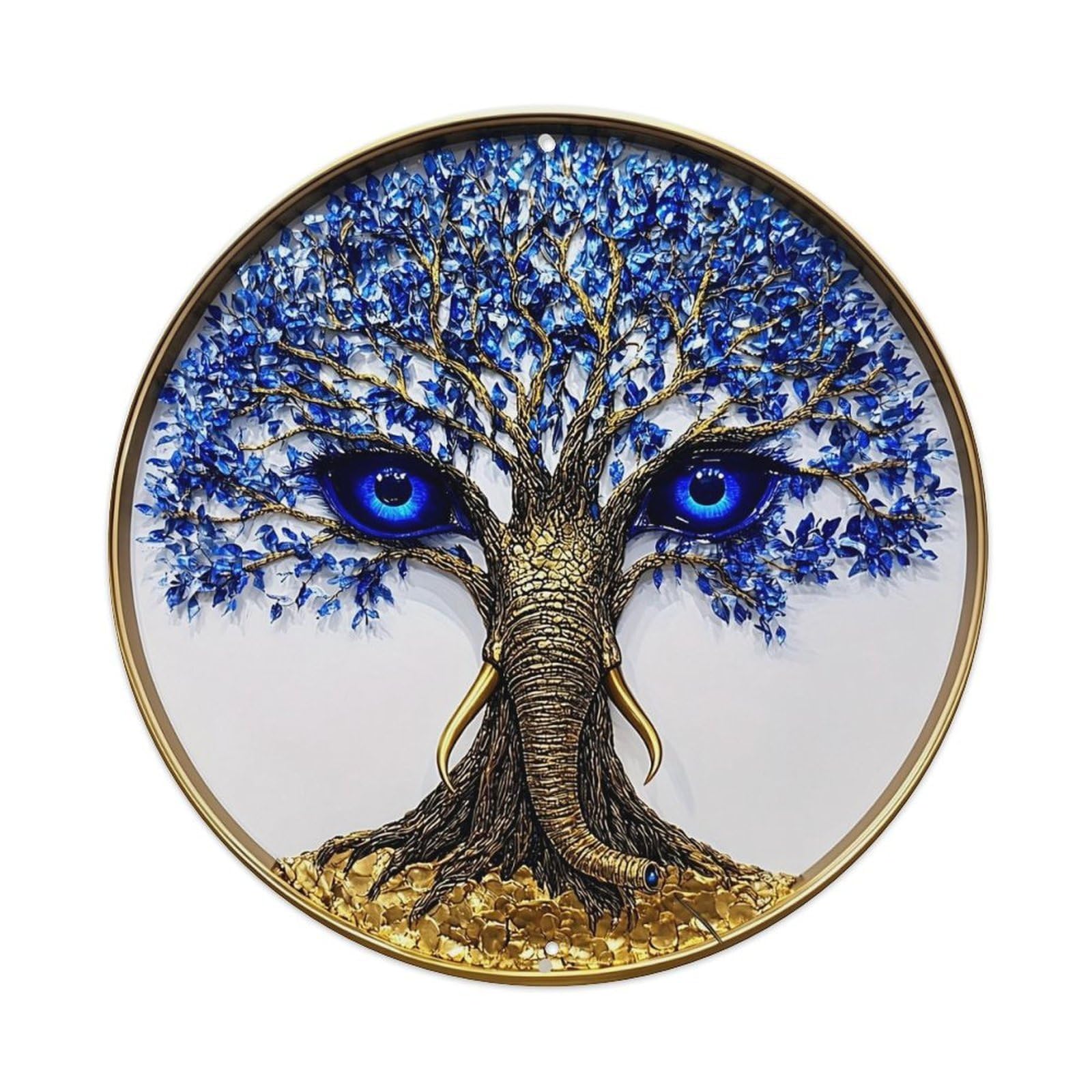 Blue Tree Eyes Elephant Gold Vintage Round Tin Sign Retro Metal Wall Decor Metal Poster, Home Bar Garage Cafe Wall Art Decoration 8x8Inches