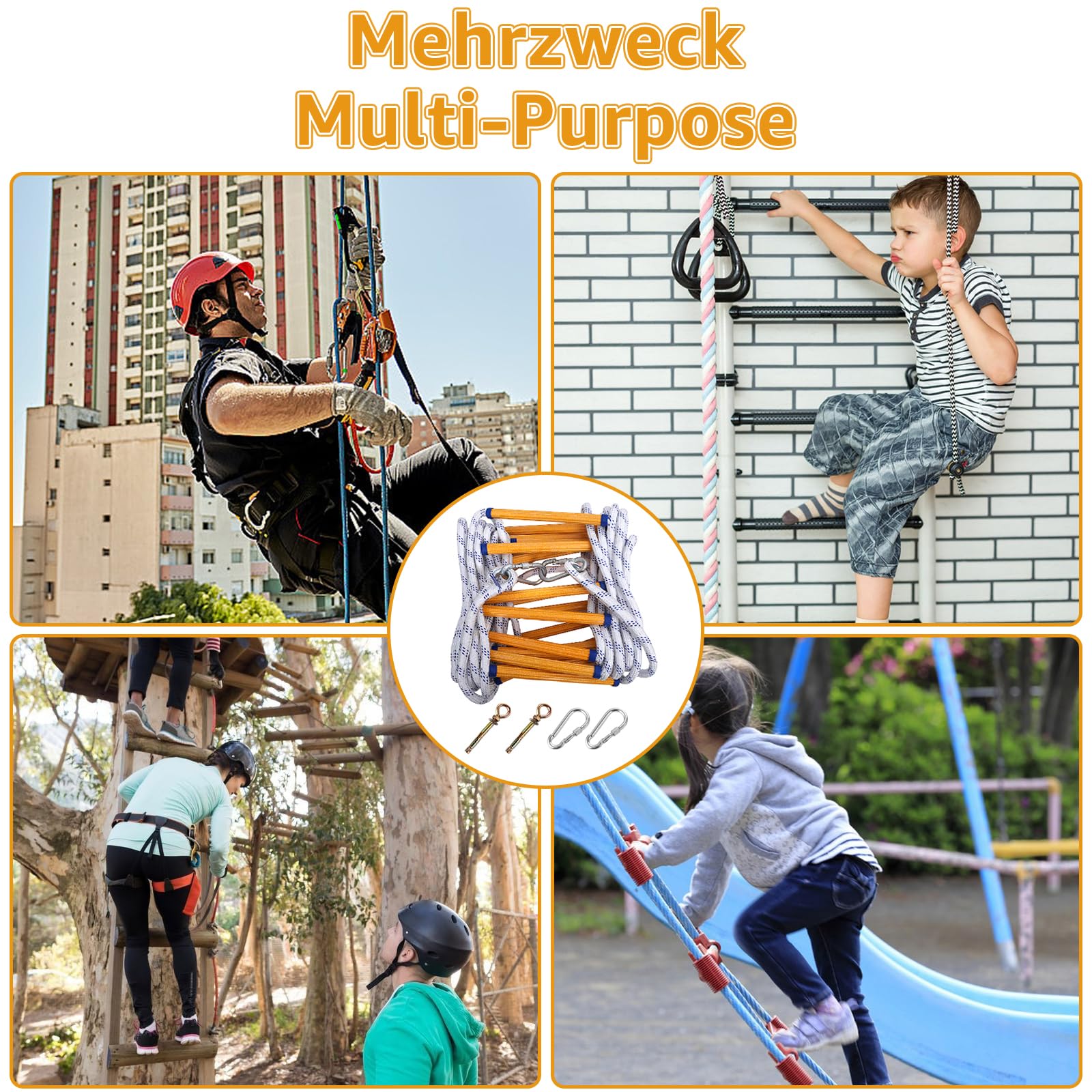 Escalera portátil de cuerda, 5 m, escalera de seguridad para adultos, con mosquetones, capacidad de carga de hasta 300 kg, escalera de rescate para exteriores, balcón, ventana, barandilla