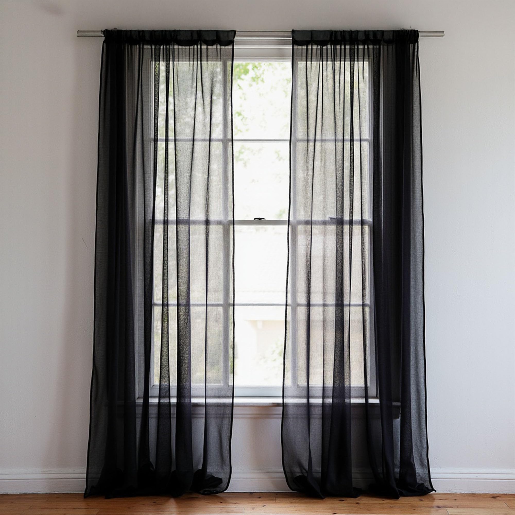 Trimming Shop Black Voile Curtains 2 Panel Semi-Transparent Sheer Slot Top Curtain Pair 142 x 206cm for Window & Door Lightweight Net Curtain for Bedroom, Kitchen & Living Room — image 1