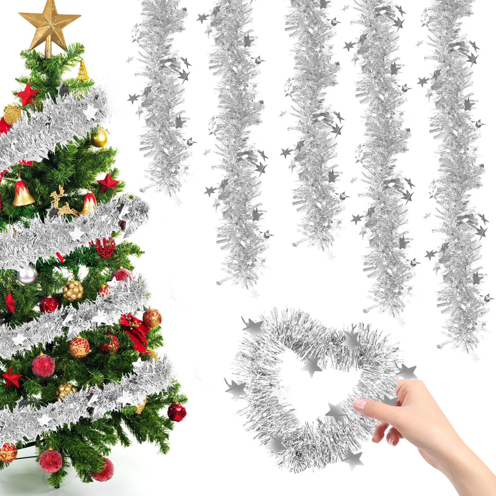 Ghirlanda Orpelli Natale 6 Pezzi Da 2m Argento - Decorazioni Per Albero, Scale E Casa, Fai Da Te - Foto 10