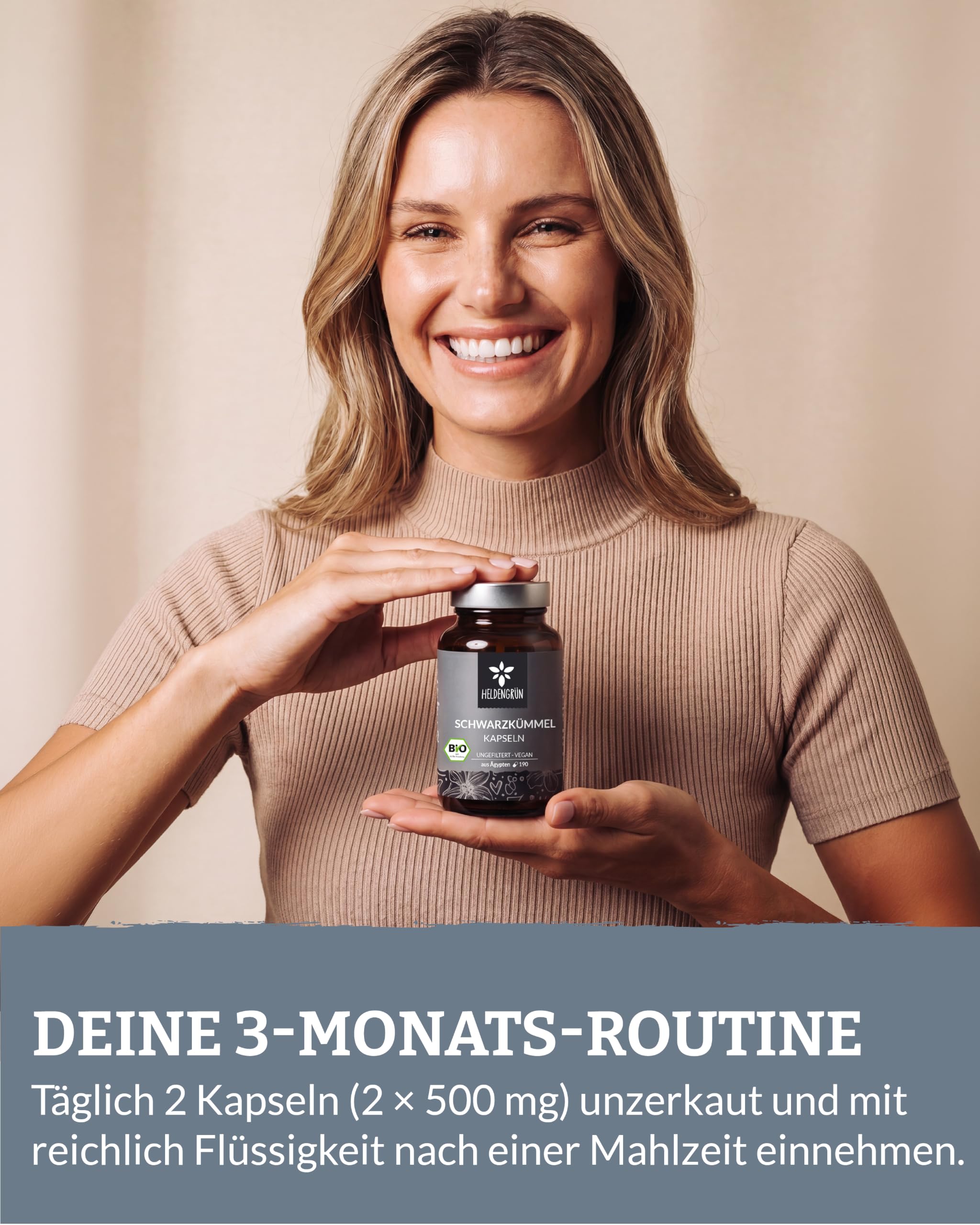 Heldengrün® BIO Schwarzkümmelöl Kapseln [HOCHDOSIERT] 3x190 St. | Kaltgepresst aus Ägypten · 3-Monats-Vorrat pro Dose · Laborgeprüft · vegan & magensaftresistent · Deutsches Startup