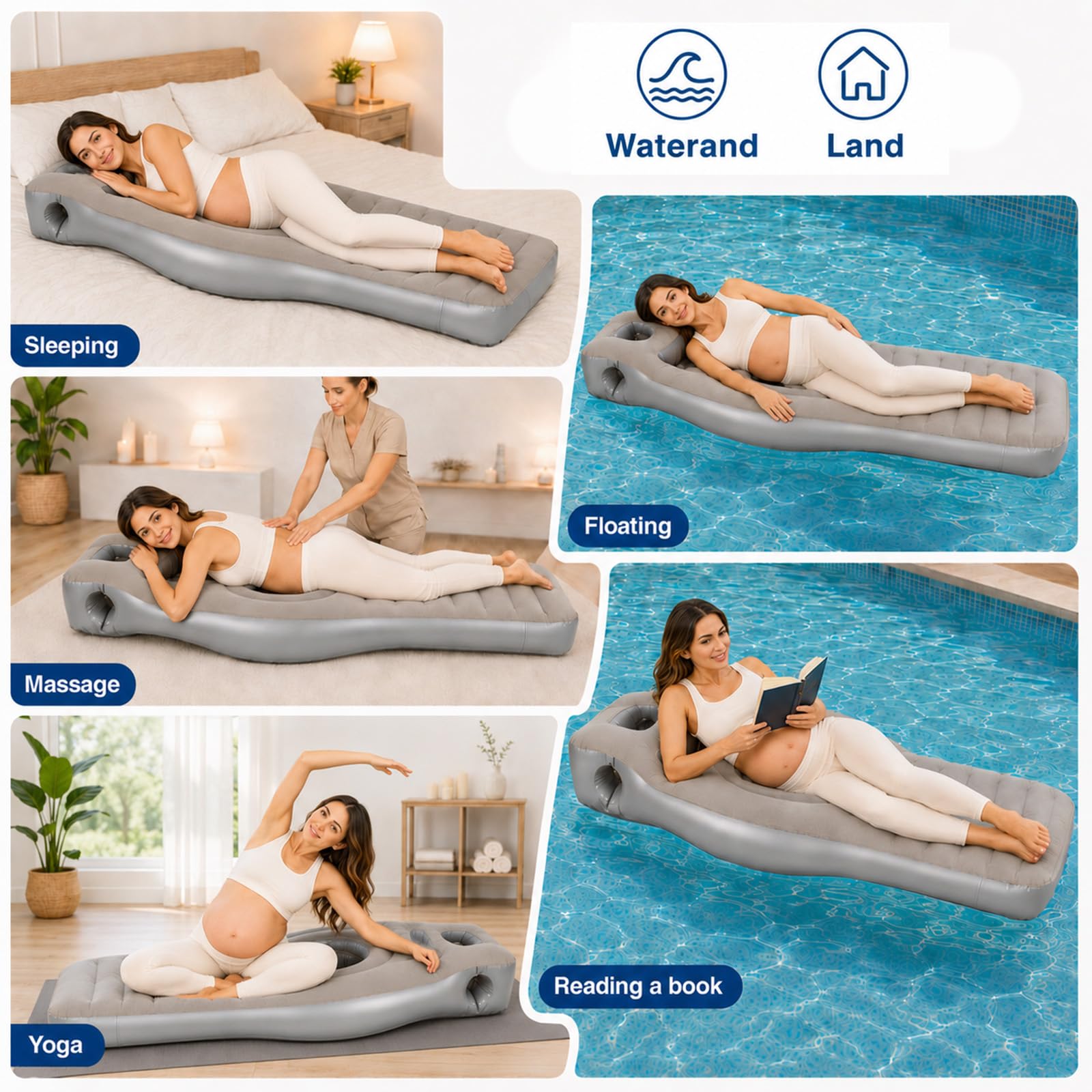 Cojín hinchable de embarazo con abertura abdominal, colchón de aire de PVC flocado para embarazadas para tumbarse sobre el estómago, con bomba y bandeja de agua extraíble, ideal para embarazadas y