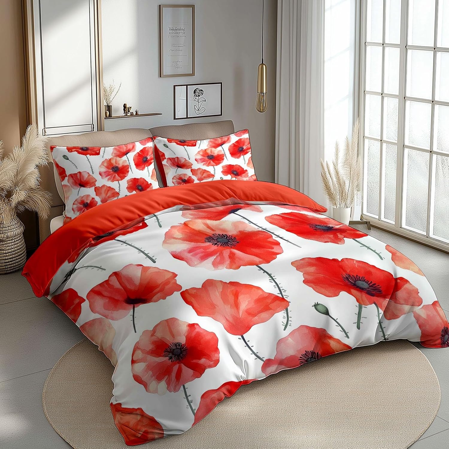 3-Piece Simple Poppy Flower Comforter Sets - red Duvet Cover Set Luxury Kids Boys Bedding All-Season Down with Zipper Bedding Set for Adult Teen Queen Size Bedspread Cover