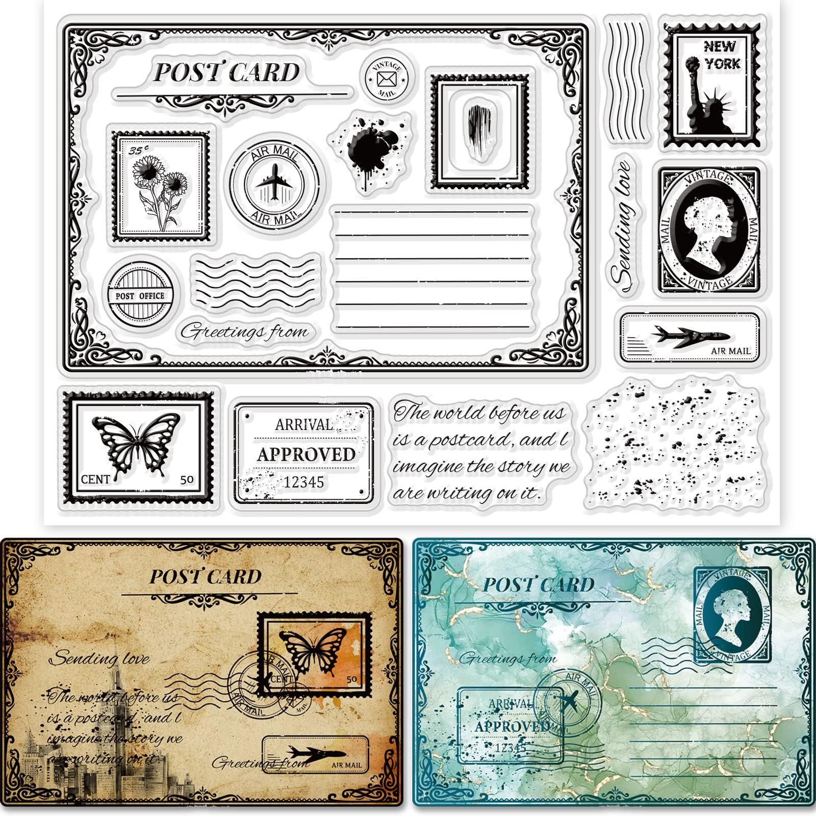 GLOBLELAND Vintage Postcards Clear Stamps for DIY Scrapbooking Decor Retro Letters Postcards Transparent Silicone Stamp for Making Cards Photo Album Decor 8.27×5.83inch
