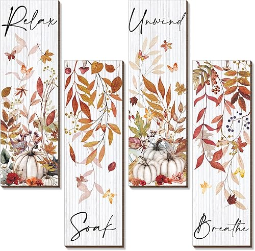 Kigley 4 piezas de decoración de pared de baño de otoño de madera Relax Soak Unwind Breathe arte de pared naranja decoración de baño imágenes