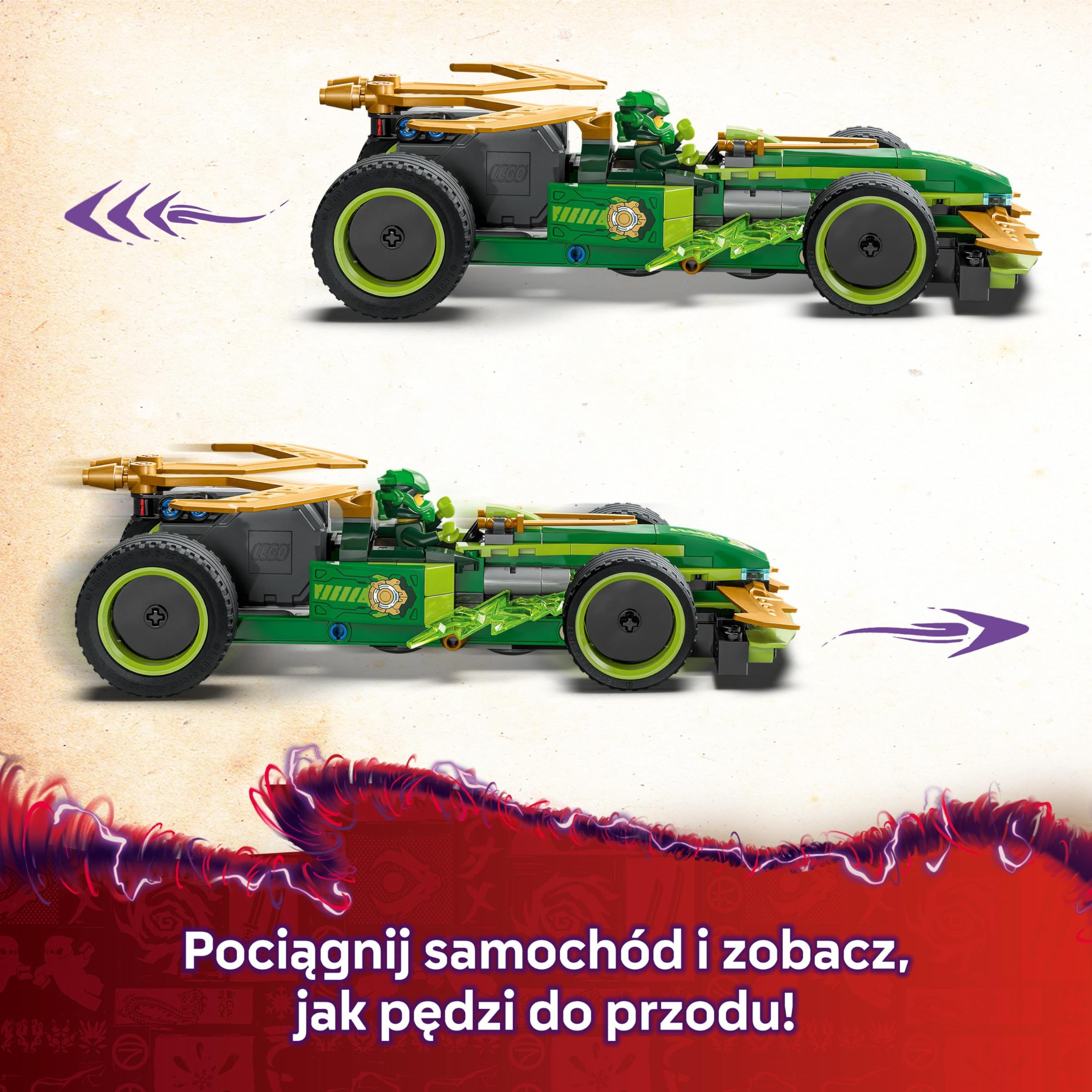 LEGO NINJAGO Samochód wyścigowy Lloyda z napędem typu pull-back, Model Wyścigówki Ninja, Zabawka Konstrukcyjna dla Dziecka z Dwiema Minifigurkami, Prezent dla 7-latka, dla Chłopca i Dziewczynki 71828
