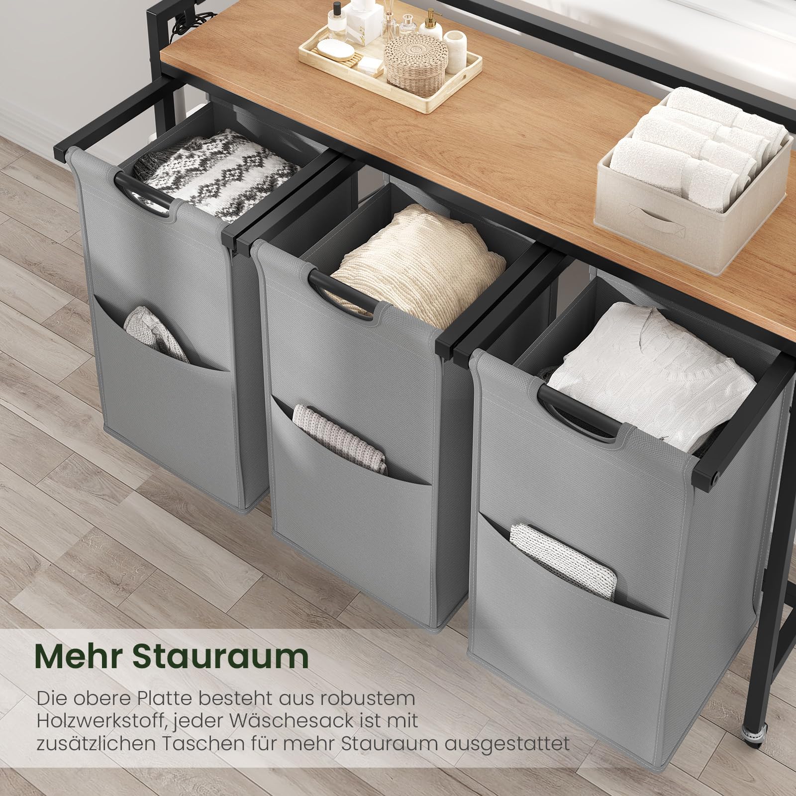 EUGAD Wäschekorb 3 Fächer, jedes 40 L, Wäschesammler ausziehbar abnehmbar, Oxford-Stoff-Wäschesack, Wäschewagen mit Rollen Ablage, Haken, Metallrahmen, Schlafzimmer Waschküche, 97x71x30 cm