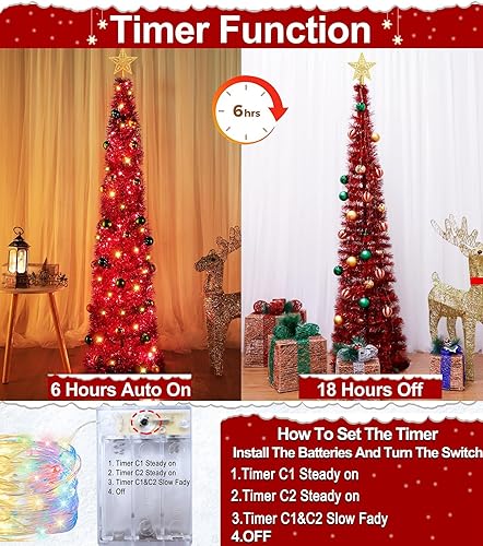 Miniatura 3 de TURNMEON Árbol de Navidad con temporizador de 5 pies, 50 luces de color, 30 adornos de bola, funciona con pilas, diseño de árbol delgado,