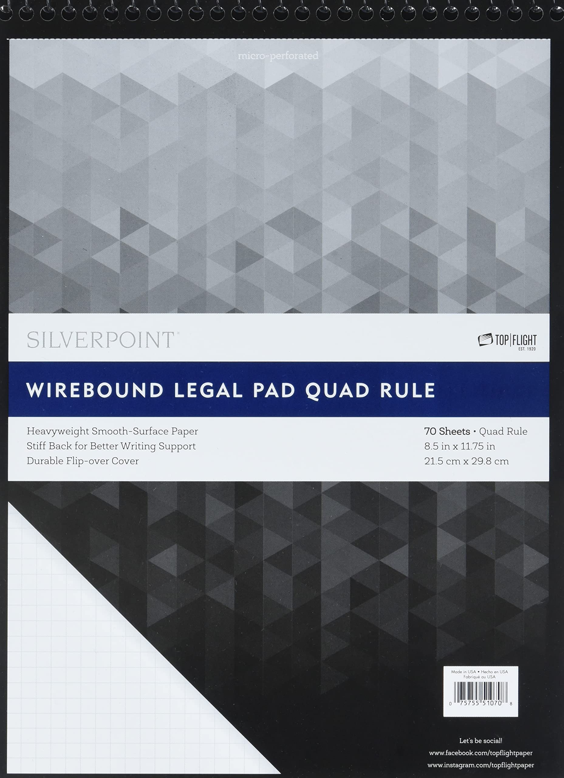 Top FlightSilverpoint Top Wire Pad, Heavy Back, Quadrille Rule, 8.5 x 11.75 Inches, 70 Sheets, Protective Cover, Blue/Black, Case Pack of 12