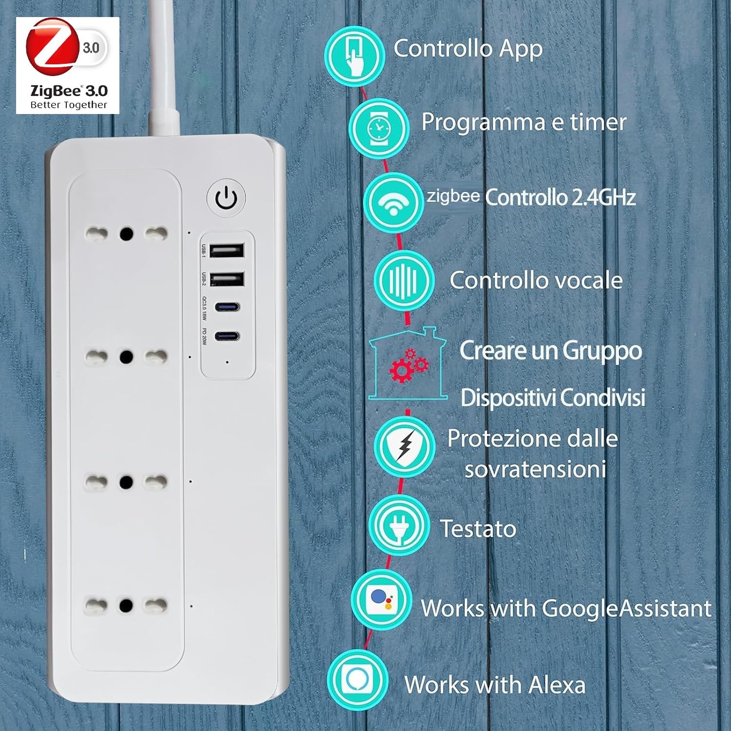 Xenon Zigbee Smart Multipresa WiFi Intelligente con 4 Prese AC 4 Porte USB, Protezione da Sovraccarico Compatibile con Alexa e Google Home, Smartthings e Google Assistant