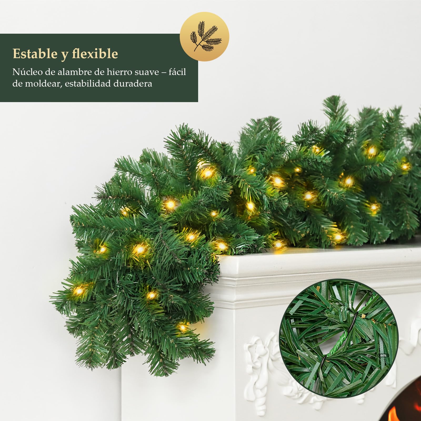 SALCAR Guirnalda de Navidad Verde 5m con 200 Luces LED, Guirnalda de Abeto Decorativa para Chimeneas, Escaleras y Puertas
