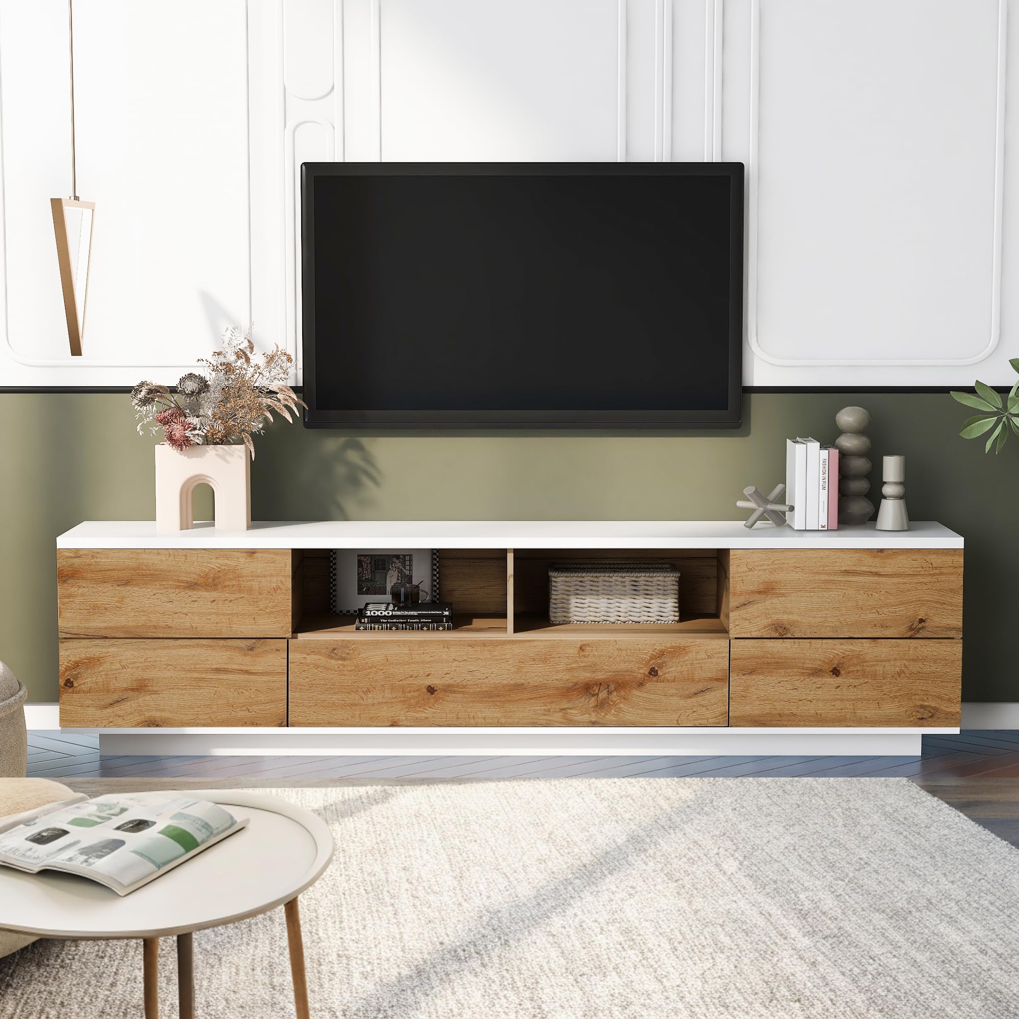 Merax Wood TV Stand Entertainment Center with Storage Cabinets & Open Shelves, Modern TV Console Table for TVs Up to 80” for Living Room Bedroom (Natural)
