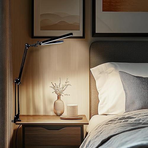 Miniatura 8 de Lámpara de escritorio LED de doble cabeza con abrazadera, 2 luces de brazo oscilante más brillantes, 3 colores, 10 brillo, lámpara de arquitecto