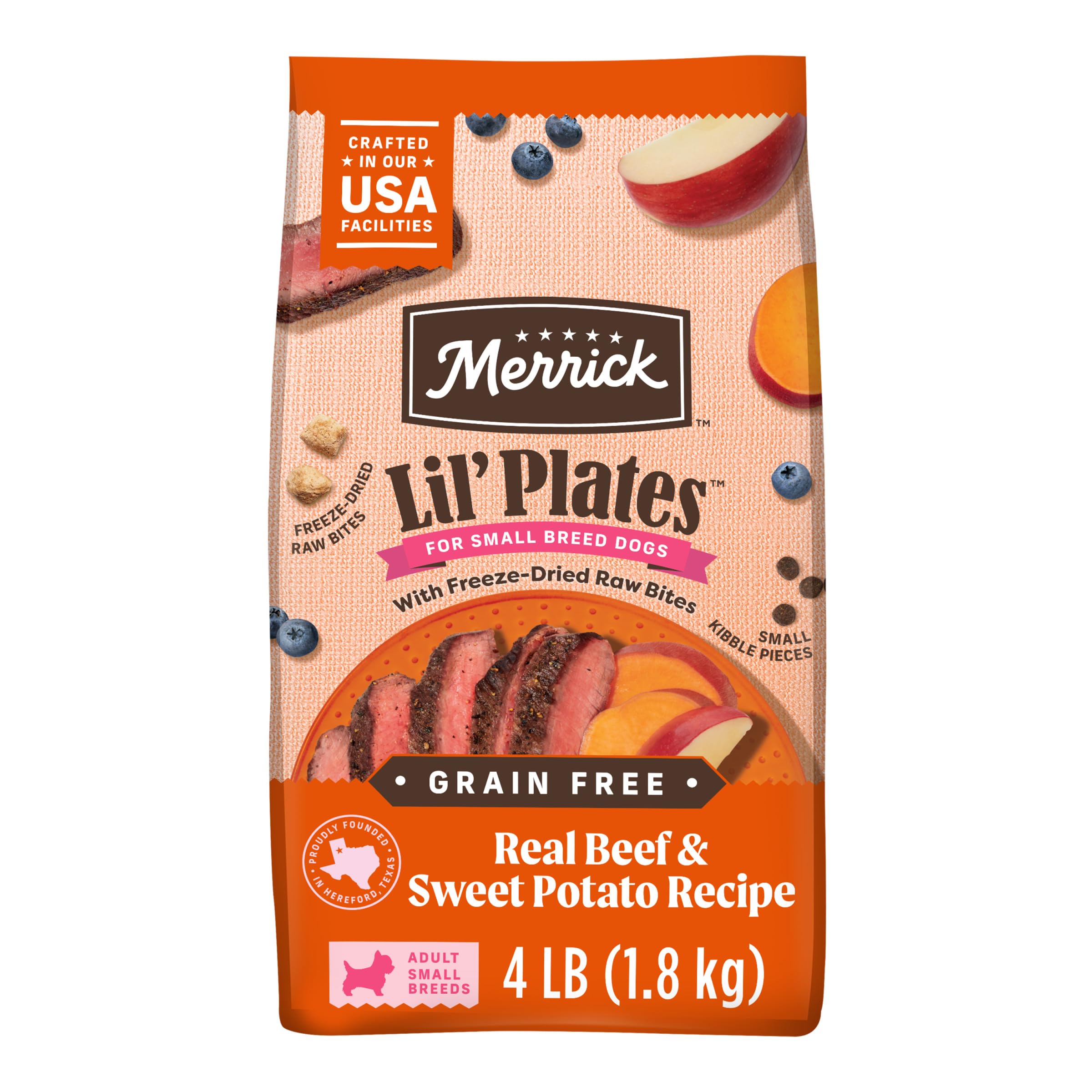 MerrickLil’ Plates Grain Free Dry Dog Food For Small Dogs, Texas Beef And Sweet Potato Kibble With Raw Bites - 4.0 lb. Bag