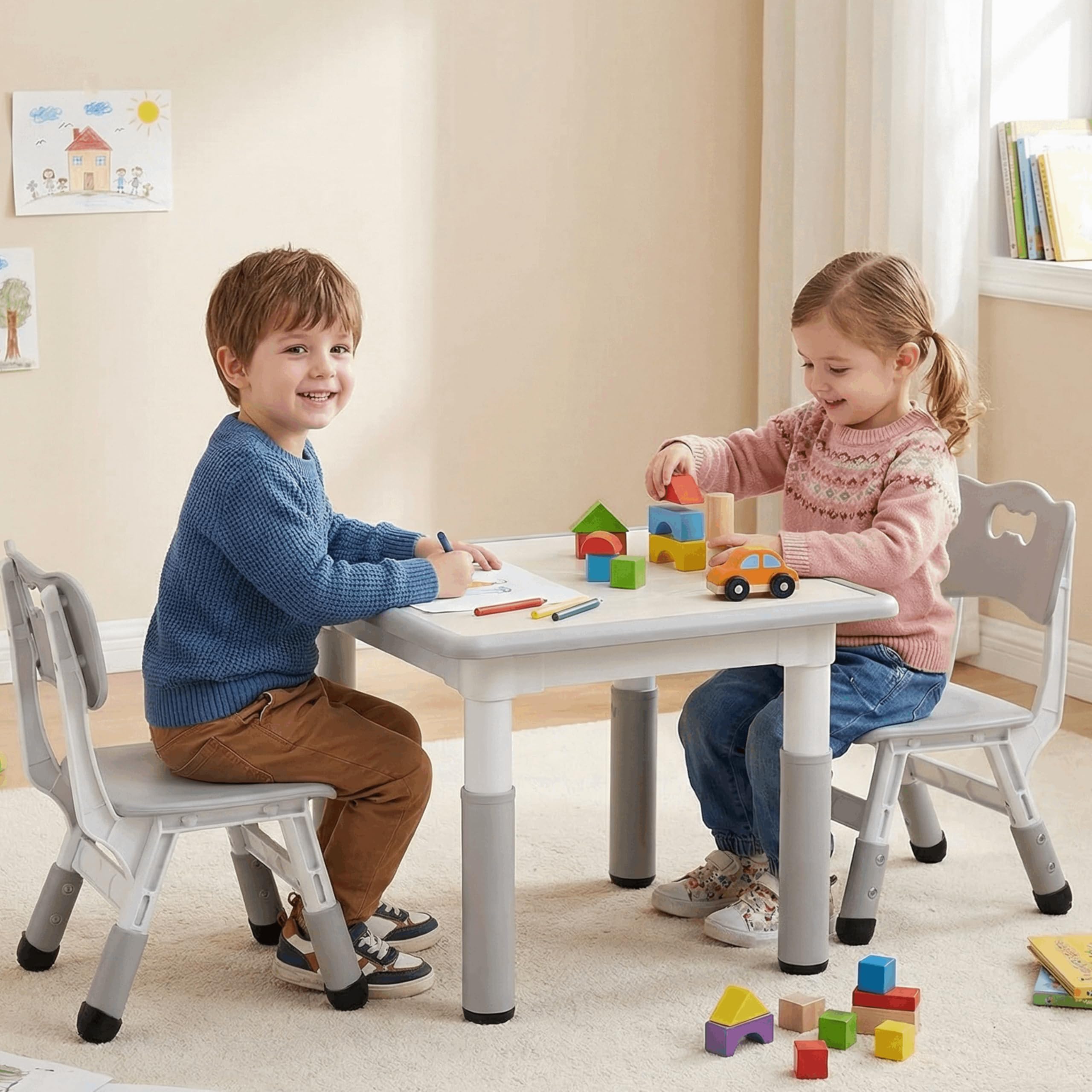 Clevich Kindertisch mit 2 Stühlen, Tisch Stuhl Set, Kindersitzgruppe Höhenverstellbar, Kindermöbel für Kinderzimmer Maltisch Sitzgruppe- Ergonomisch, Multifunktional - Grau