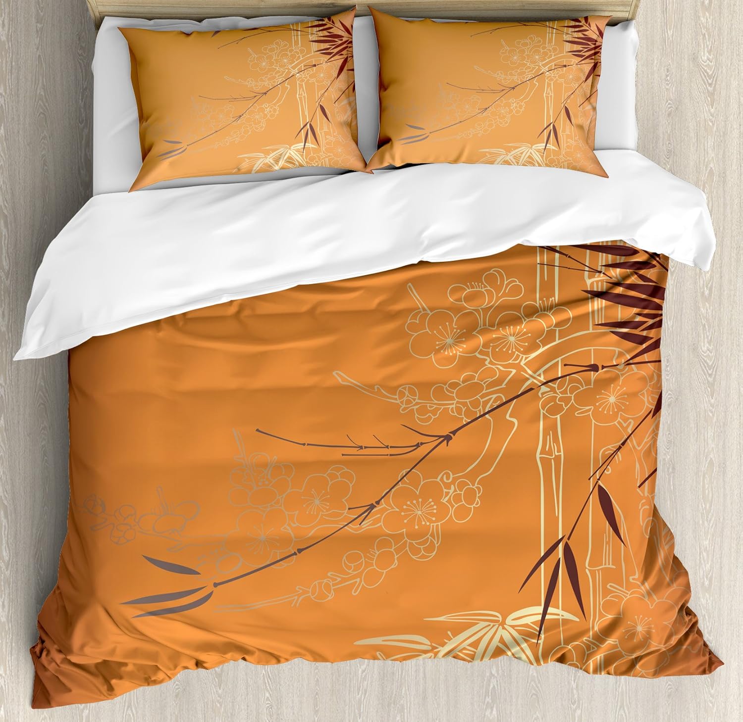 Ambesonne Asian Themed Duvet Cover Set, Ethnic Branches and Flowers Illustration Eastern Nature Theme, Decorative 3 Piece Bedding Set with 2 Pillow Shams, King Size, Orange Yellow and Brown King Orange Yellow