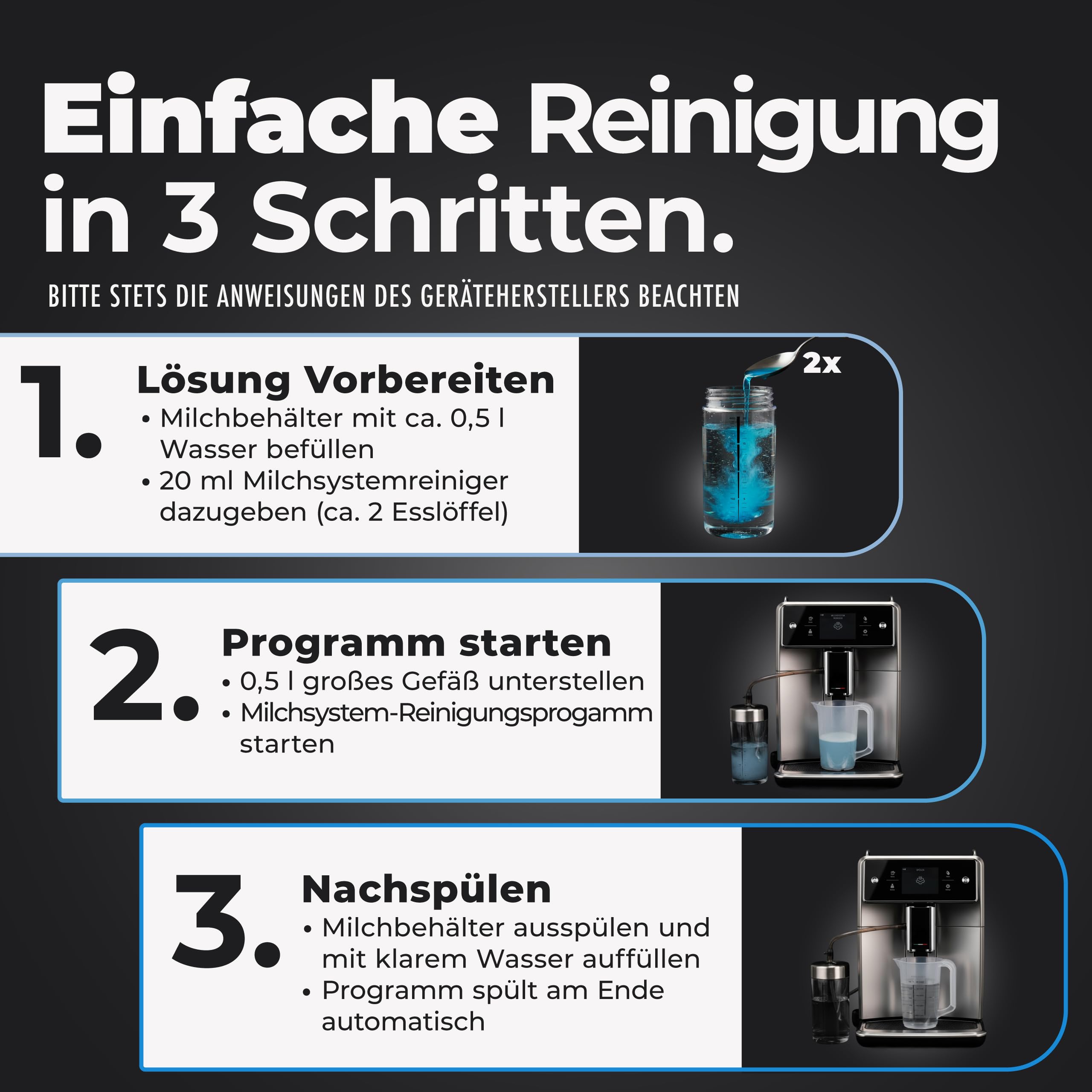 Milchsystemreiniger (3 x 750ml) – Milchschaumreiniger kompatibel mit Jura, Philips, Melitta uvm. – Milchreiniger Kaffeevollautomat für optimale und günstige Reinigung des Milchsystems