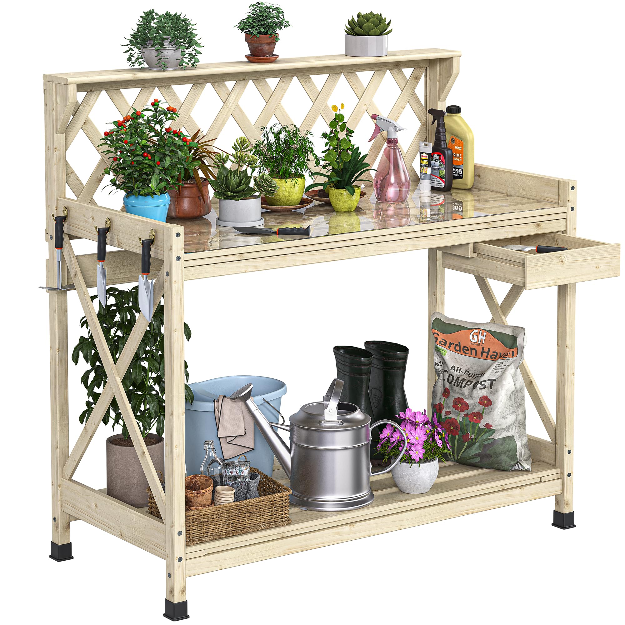 Photo 1 of YITAHOME Potting Bench Table, Outdoor Garden Work Bench Station Table w/Drawer, Open Shelf, Hook, PVC Waterproof Mat (Natural)