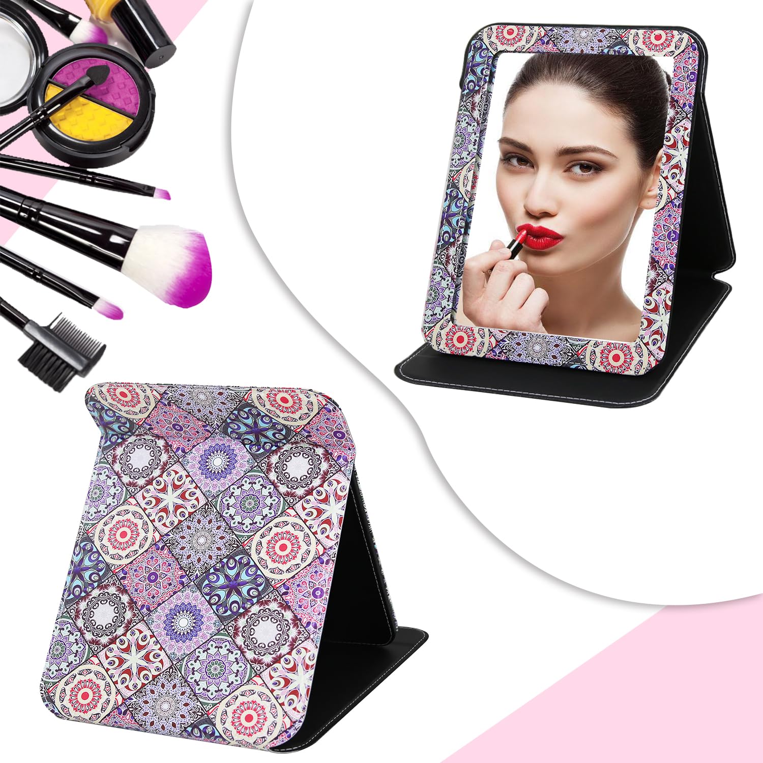 Portable Folding Makeup Mirror with Cosmetic Desktop Standing for Travel, Vanity Table, Room Decor, Beauty Gifts, 8.9x6.5 Inches