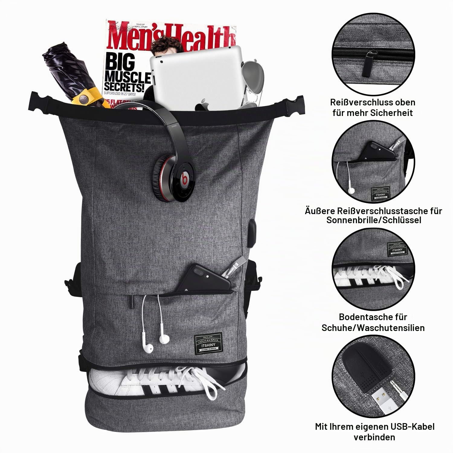 ITSHINY Sporttasche für männer Frauen, Umhängetasche für das Fitnessstudio, Reiserucksack,Gym Bag 3 in 1 Design mit Schuhfach, Gym Tasche wasserdicht und leicht
