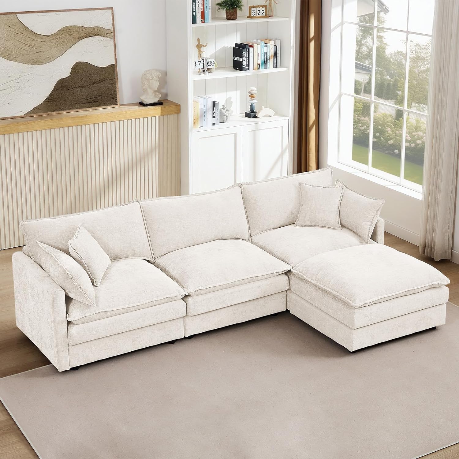 GNIXUU 102" Modular Sectional Sofa, L Shaped Cloud Couch with Movable Ottoman & 4 Pillows, Deep Seat Chenille 4 Seater Sectional Couches for Living Room, Apartment (Beige)