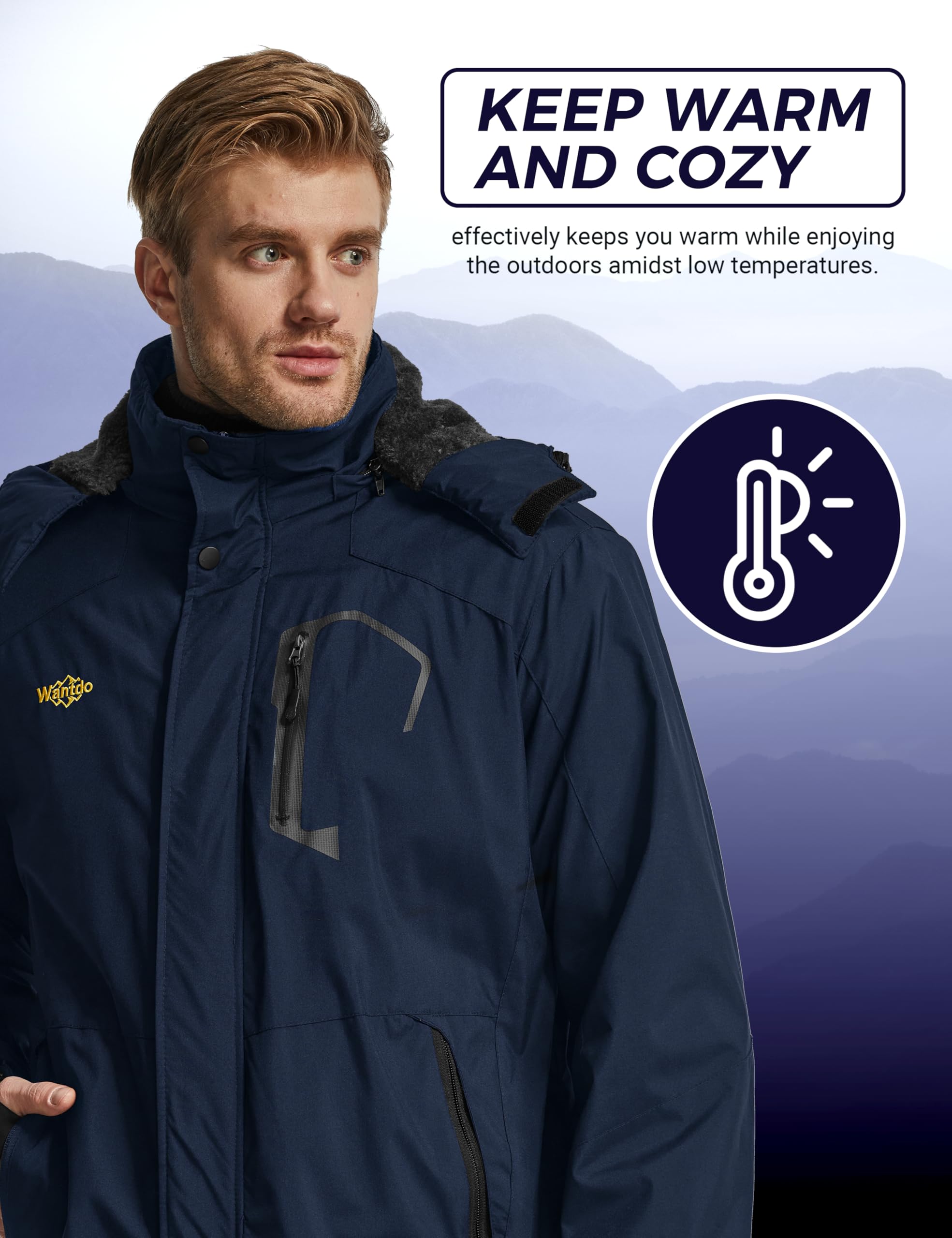 Wantdo Giacca da Sci Montagna Calda Invernale Parka da Neve Imbottita Cappotto da Snowboard in Pile Giubbotto con Cappuccio Impermeabile Uomo