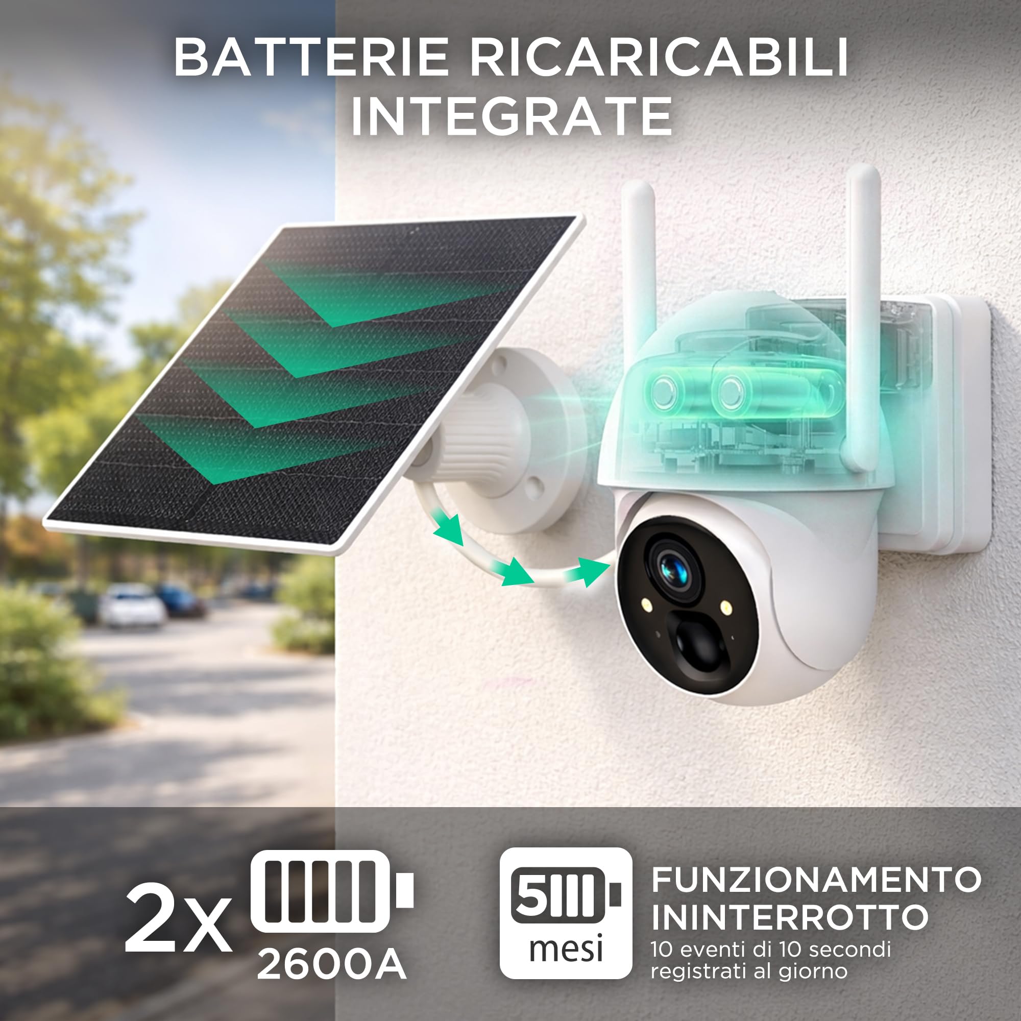 Atlantis Volta Pro PT Telecamera Wi-Fi 3MP motorizzata con solare | A batteria, visione IR/LED, IP65, audio 2 vie, movimento, MicroSD, app, notifiche e cloud, cod. A16-VL88P