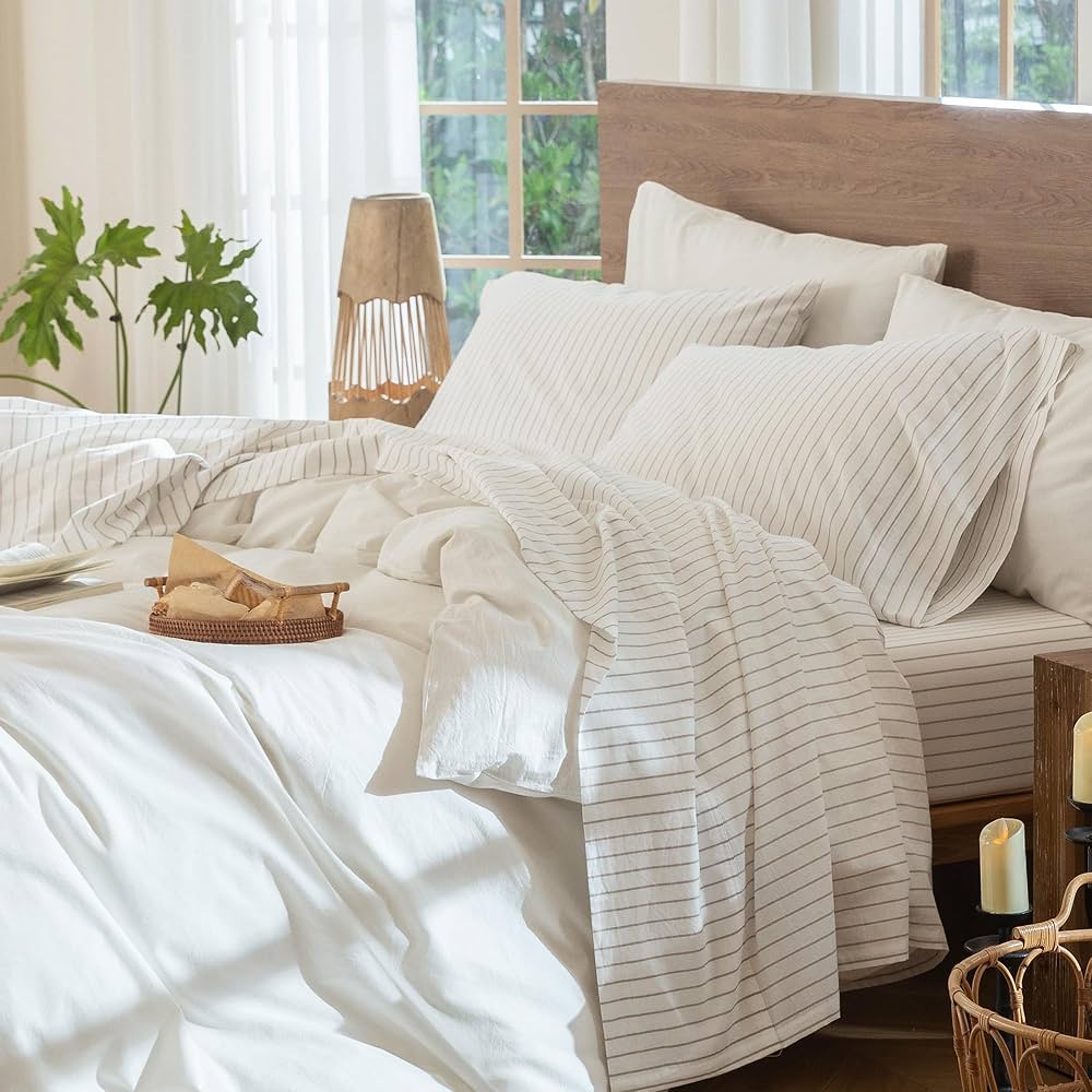 MooMee Striped Sheet Set 100% Washed Cotton Linen Like Textured Breathable Durable Soft Comfy (White Tannish Linen Grey Wide Stripes, King)